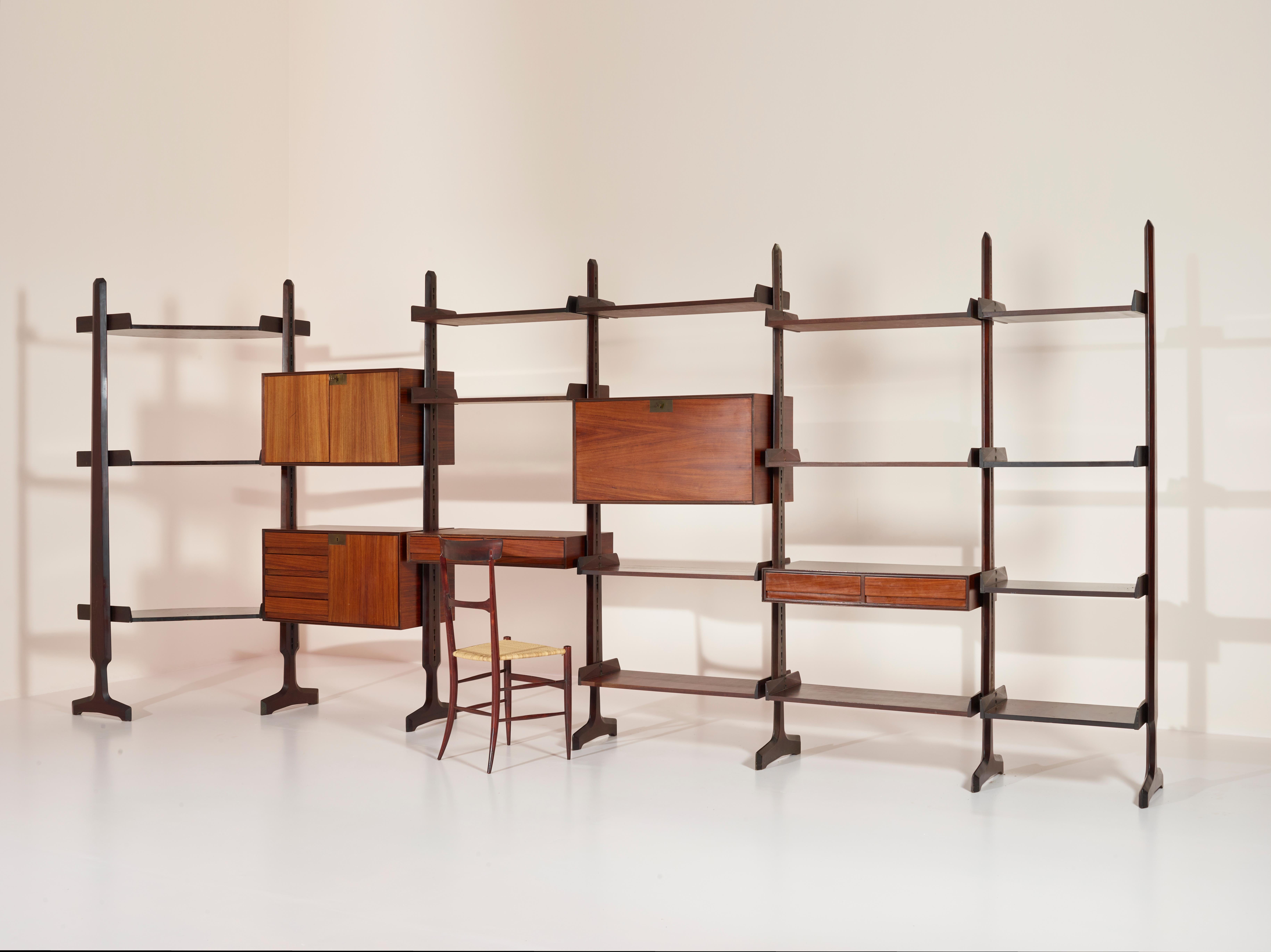 Italian Vittorio Dassi Large Teak Wall Unit with Shelves and Storage Units, Italy, 1950s