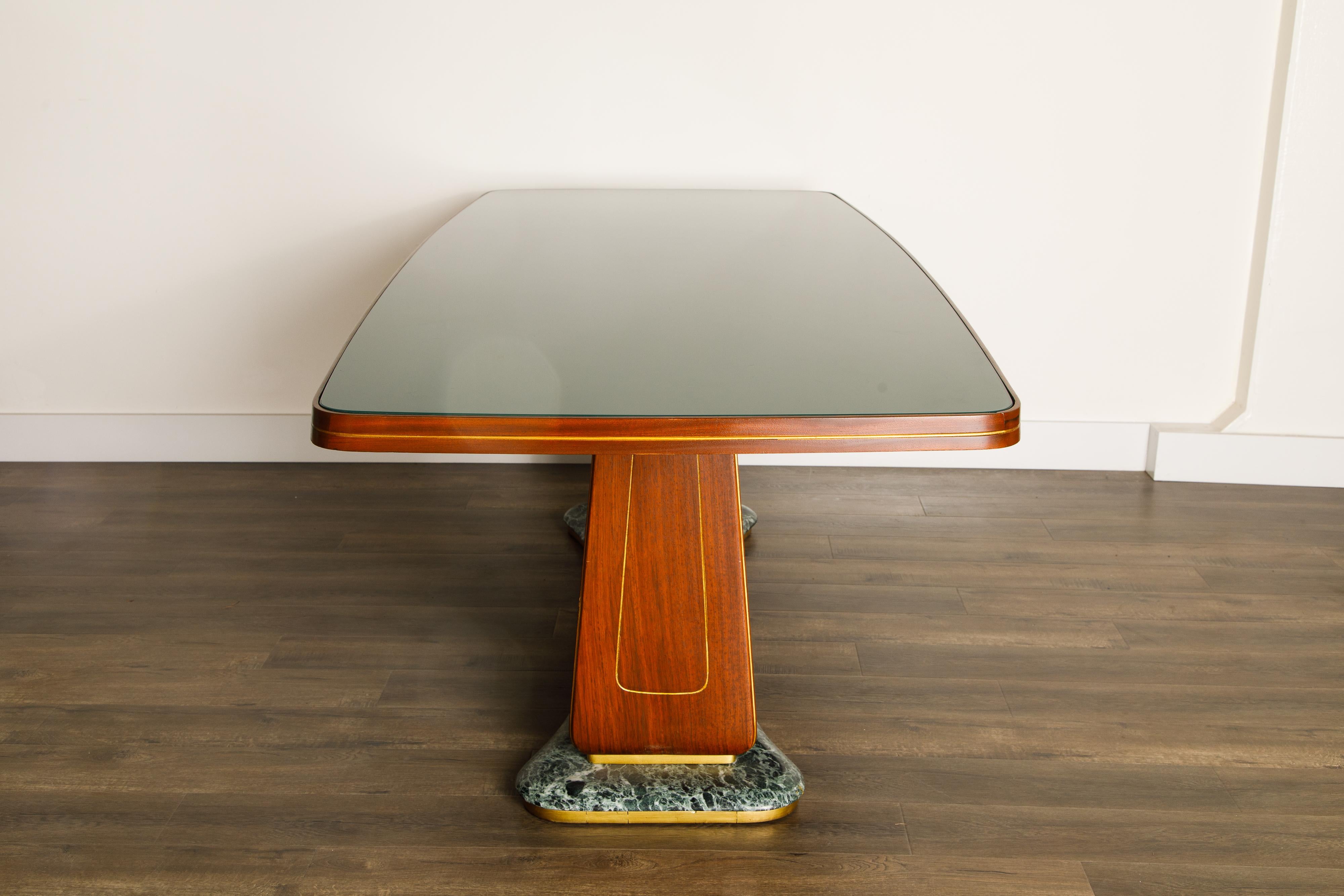 Vittorio Dassi Mahogany, Brass, Green Glass and Marble Dining Table, 1950s Italy 7