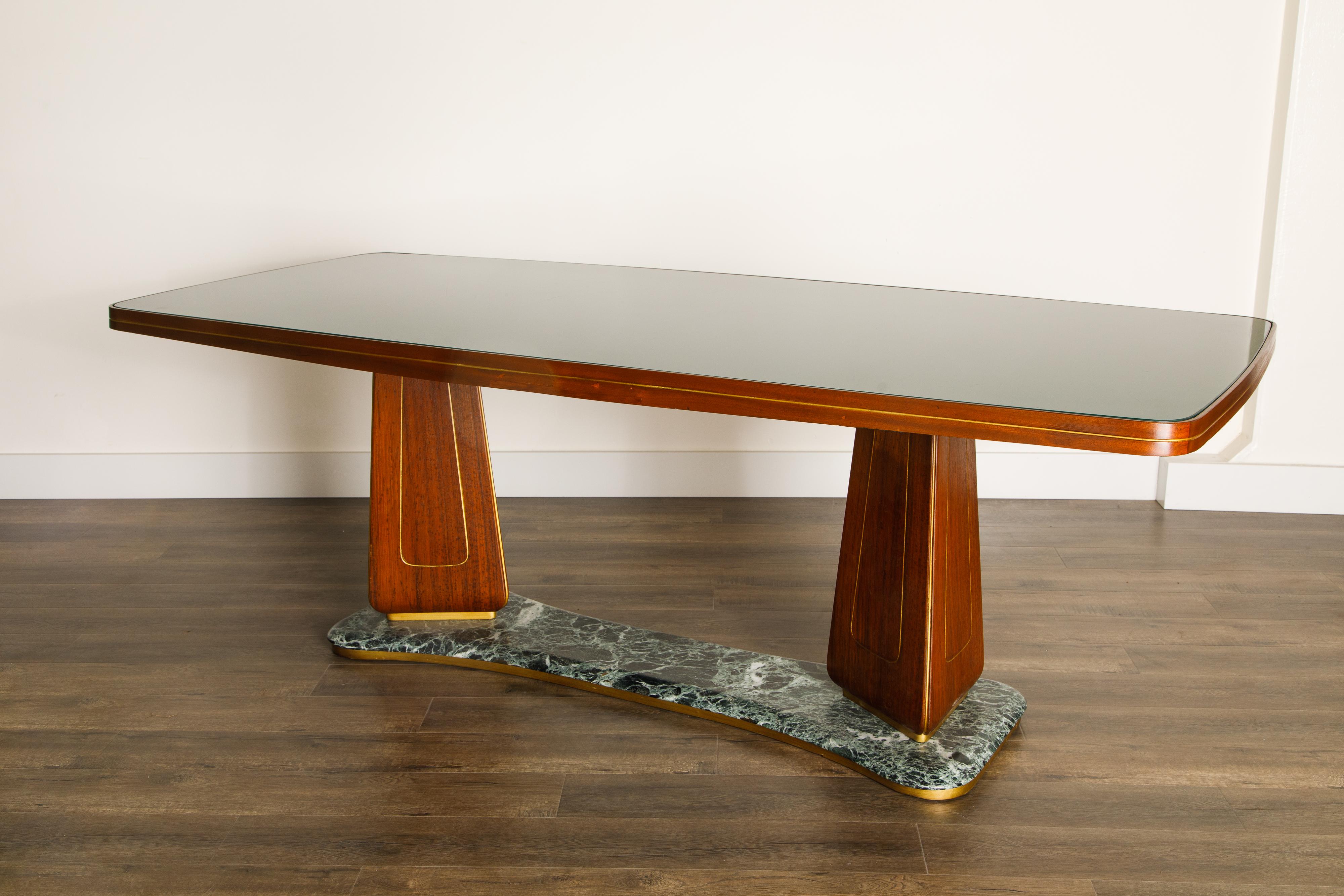 Vittorio Dassi Mahogany, Brass, Green Glass and Marble Dining Table, 1950s Italy 9