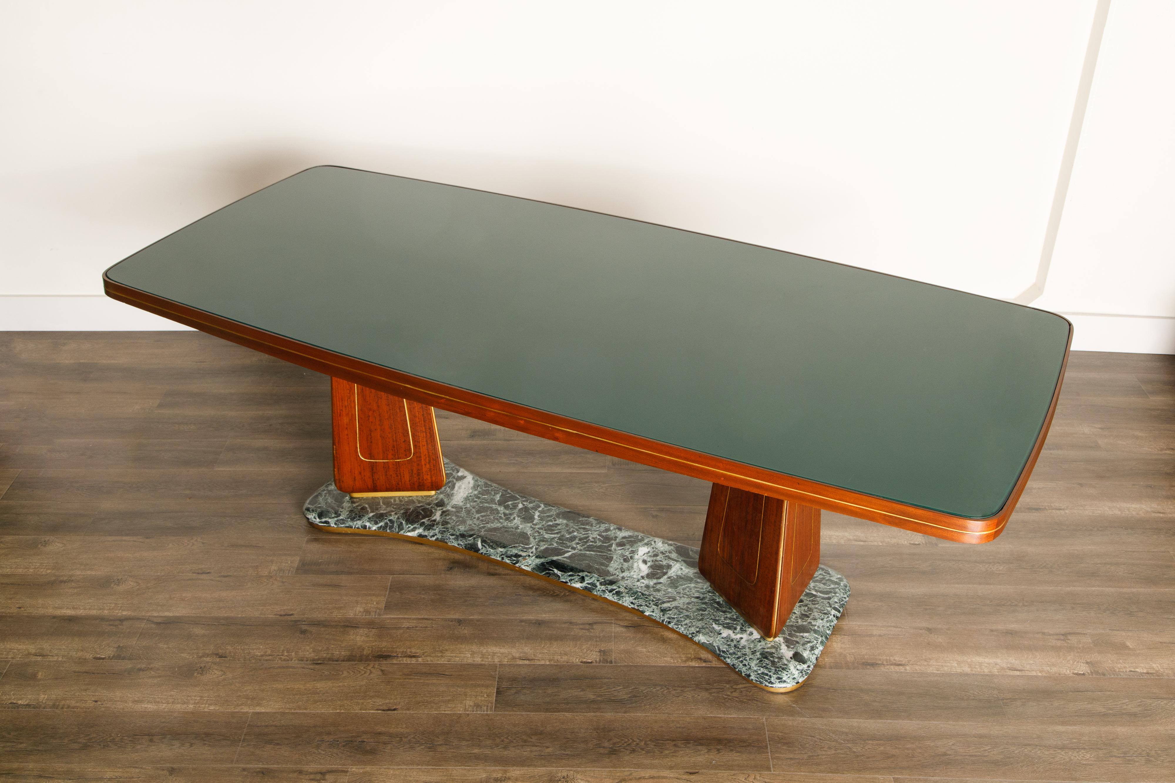 Vittorio Dassi Mahogany, Brass, Green Glass and Marble Dining Table, 1950s Italy 10