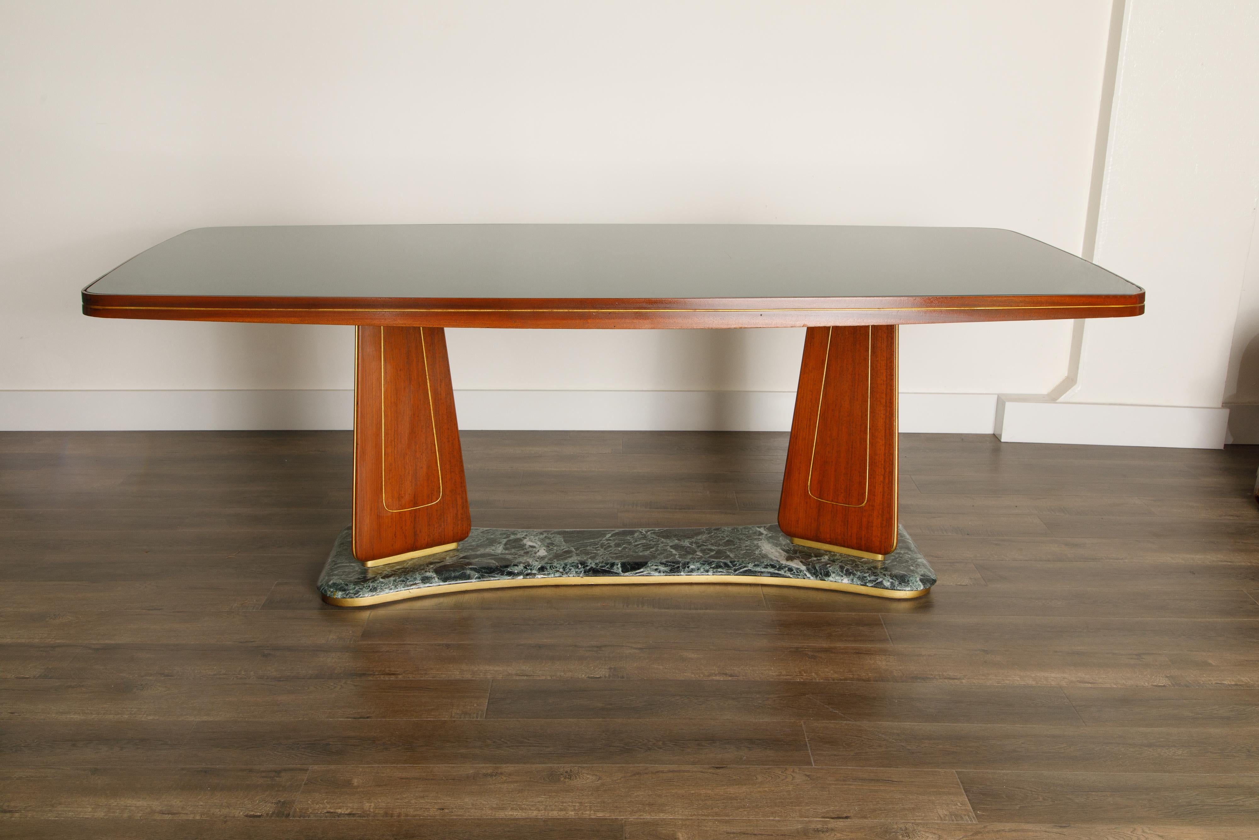 Mid-Century Modern Vittorio Dassi Mahogany, Brass, Green Glass and Marble Dining Table, 1950s Italy