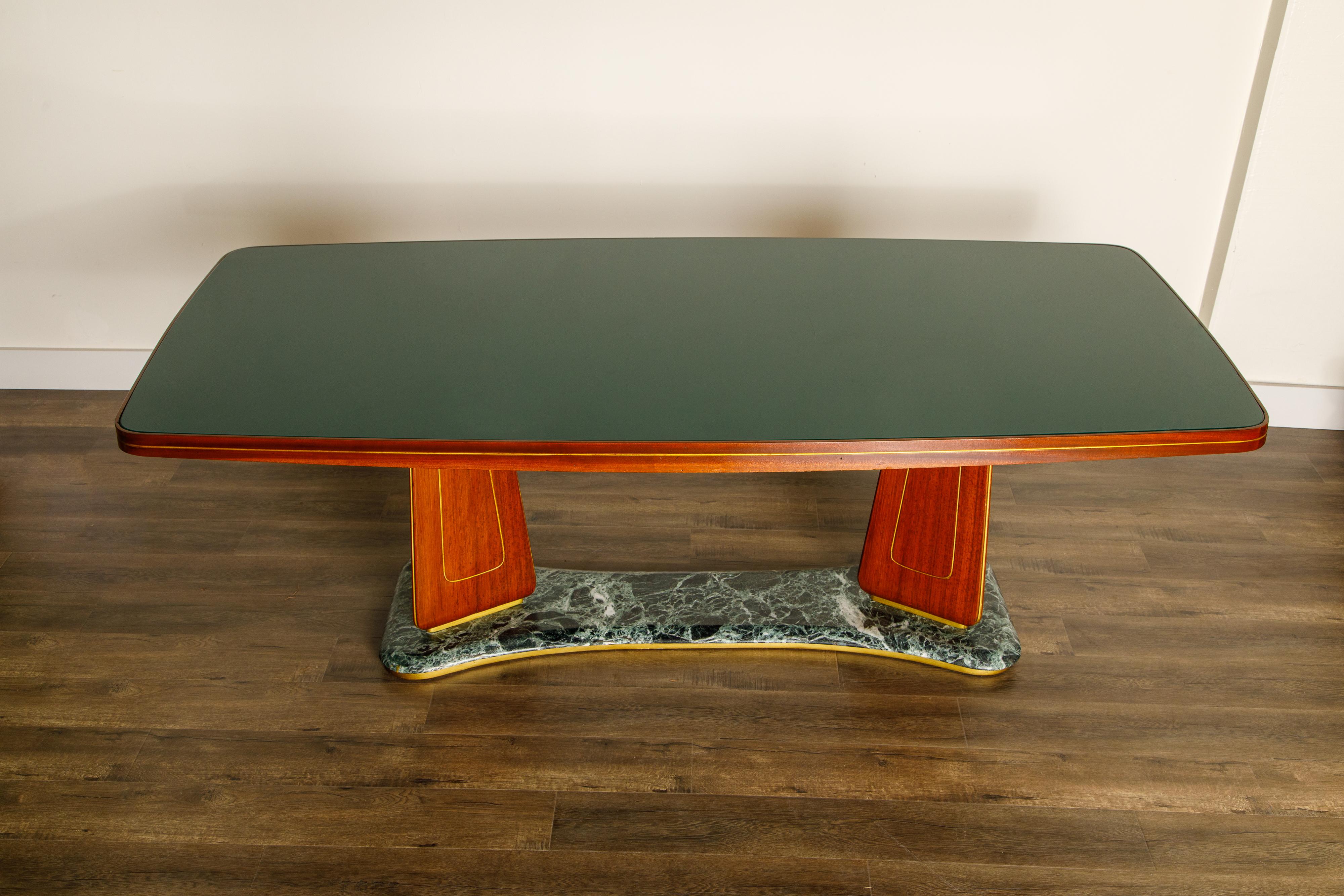 Italian Vittorio Dassi Mahogany, Brass, Green Glass and Marble Dining Table, 1950s Italy