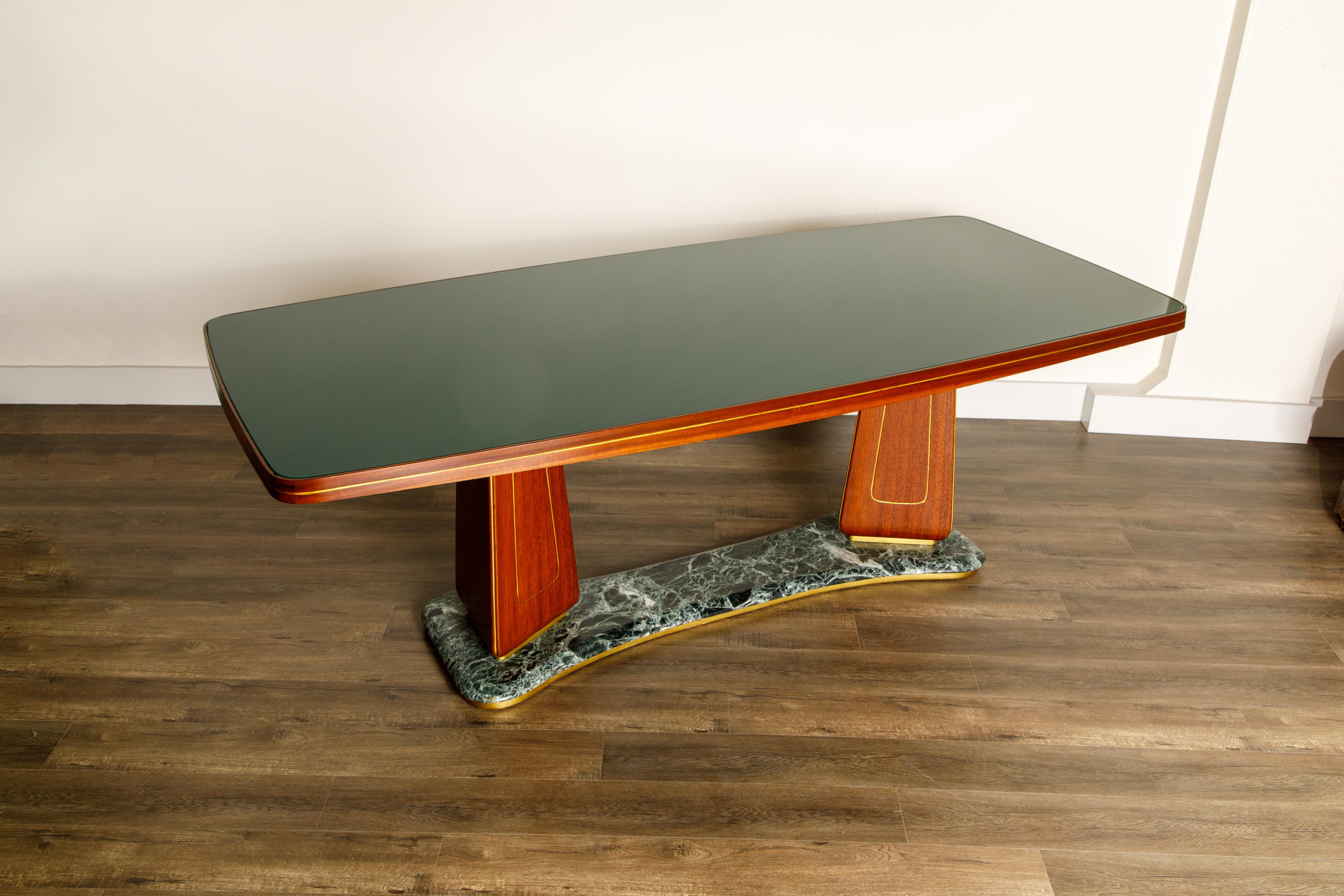 Vittorio Dassi Mahogany, Brass, Green Glass and Marble Dining Table, 1950s Italy In Excellent Condition In Los Angeles, CA