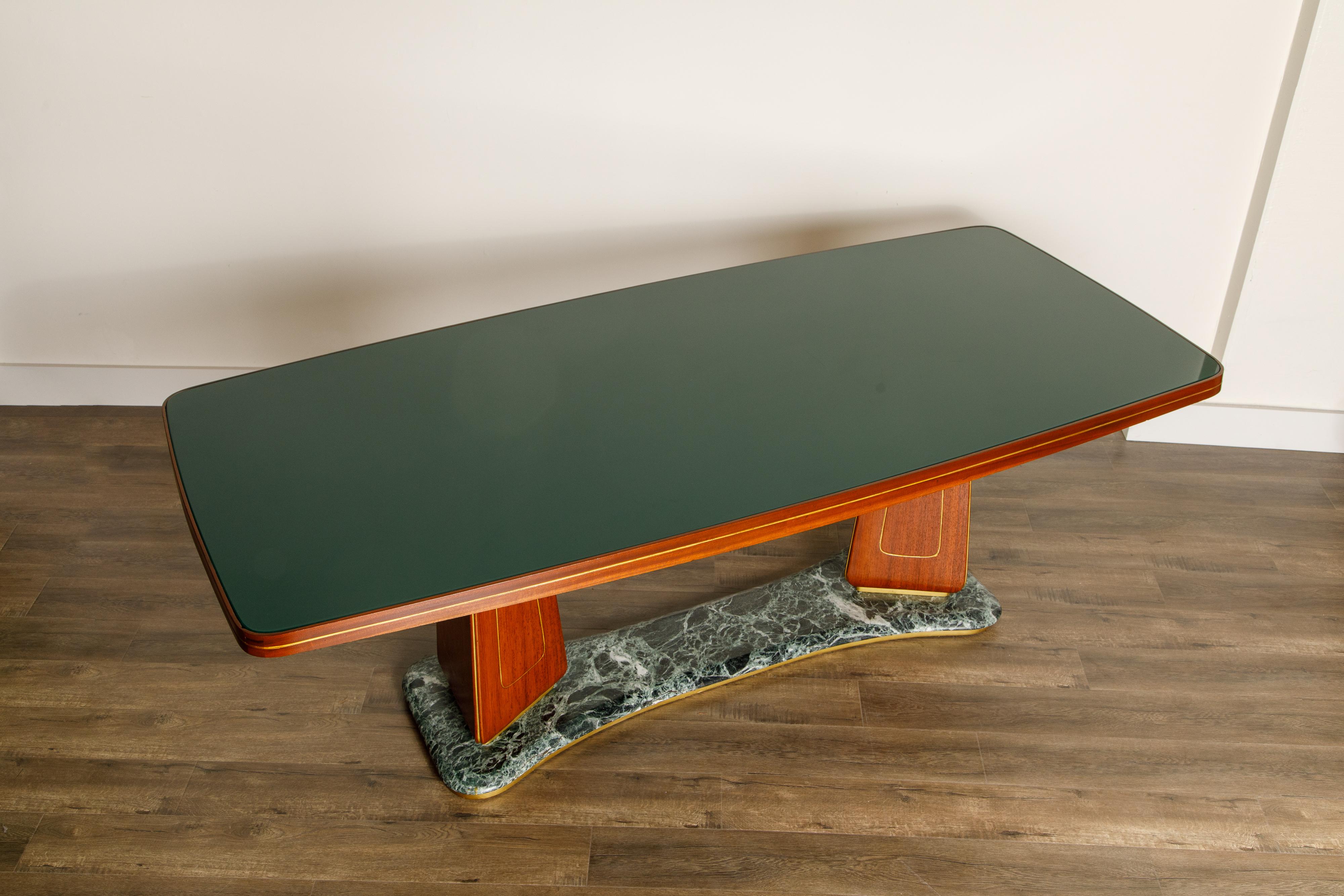 Mid-20th Century Vittorio Dassi Mahogany, Brass, Green Glass and Marble Dining Table, 1950s Italy