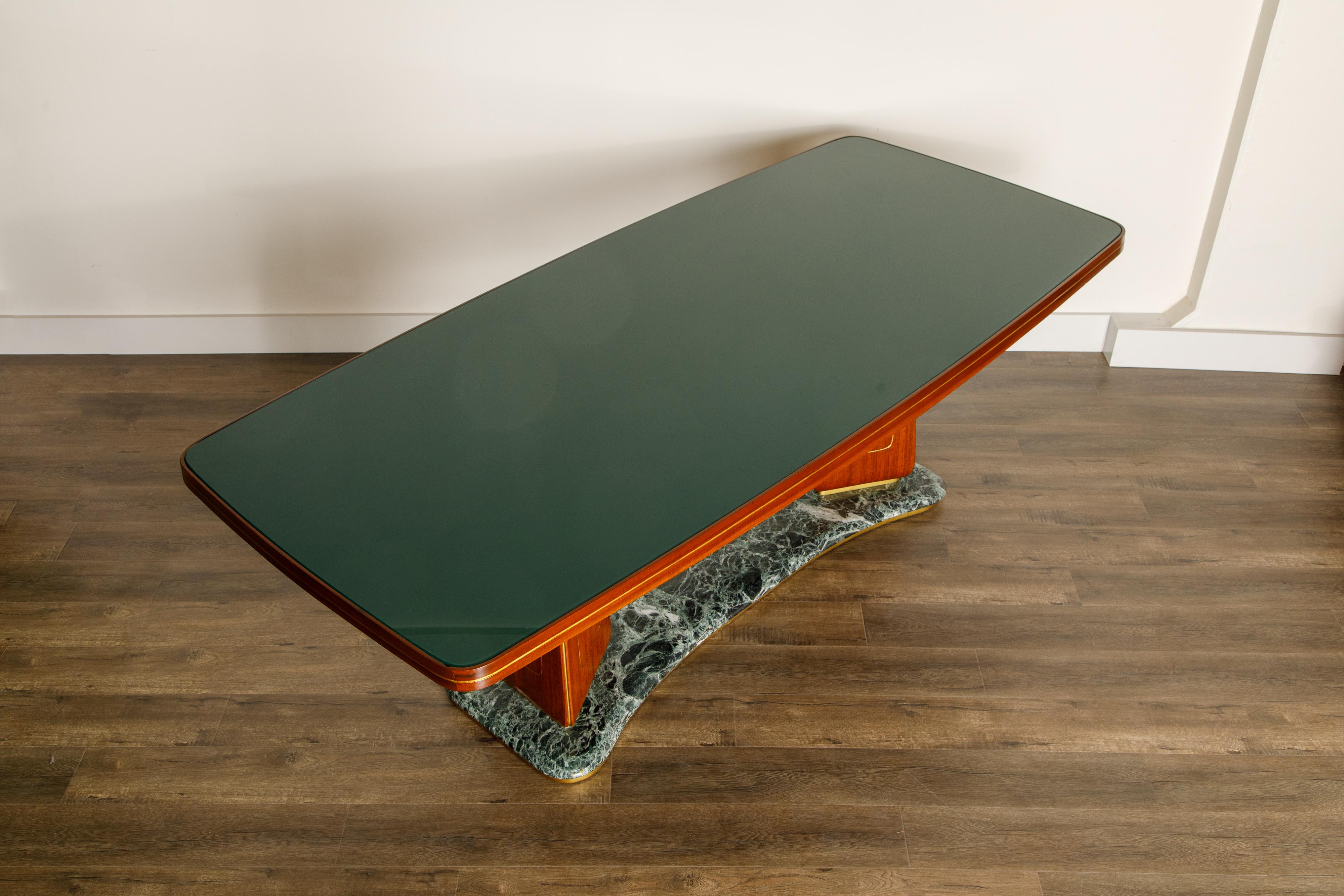 Vittorio Dassi Mahogany, Brass, Green Glass and Marble Dining Table, 1950s Italy 1