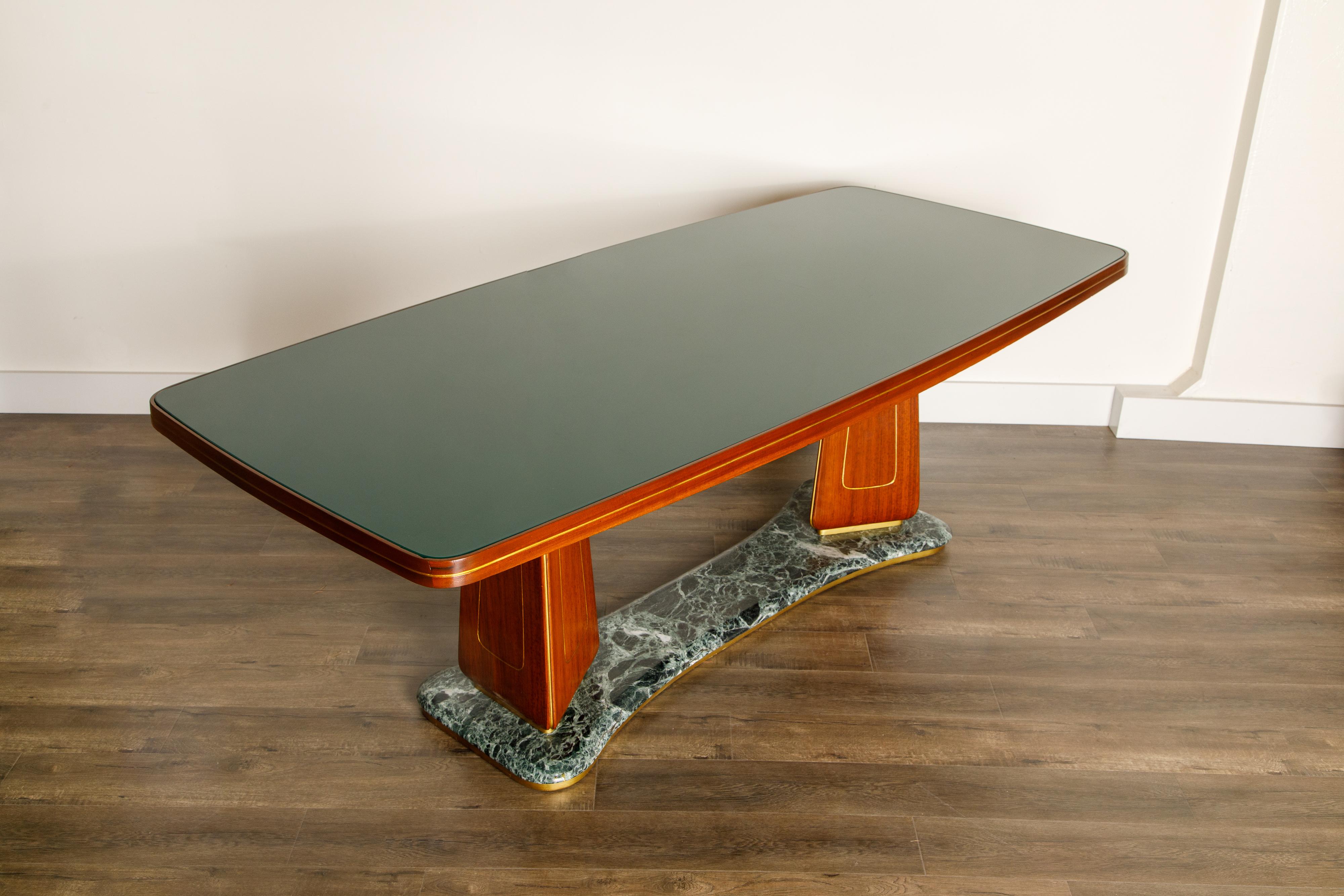 Vittorio Dassi Mahogany, Brass, Green Glass and Marble Dining Table, 1950s Italy 2
