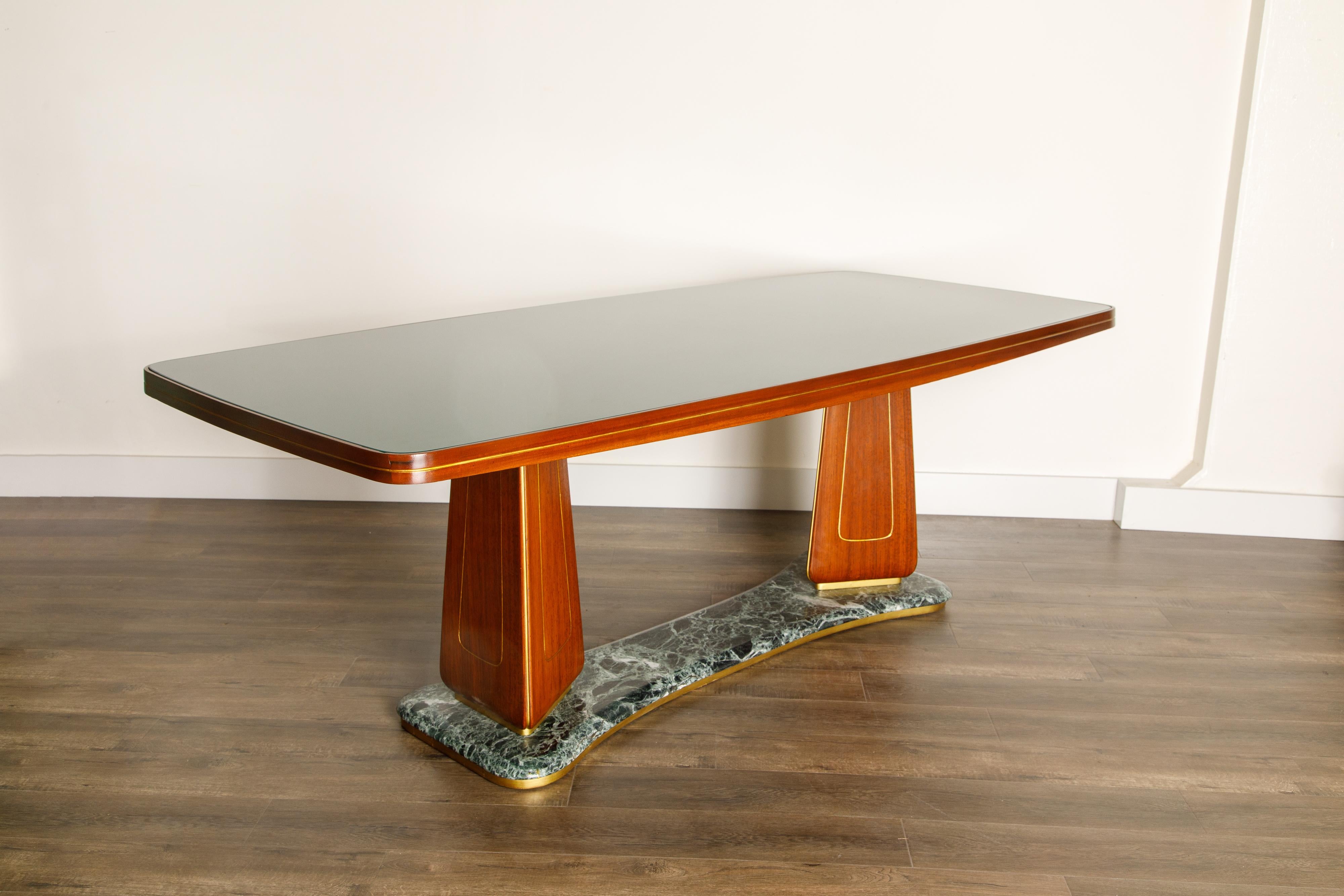 Vittorio Dassi Mahogany, Brass, Green Glass and Marble Dining Table, 1950s Italy 3