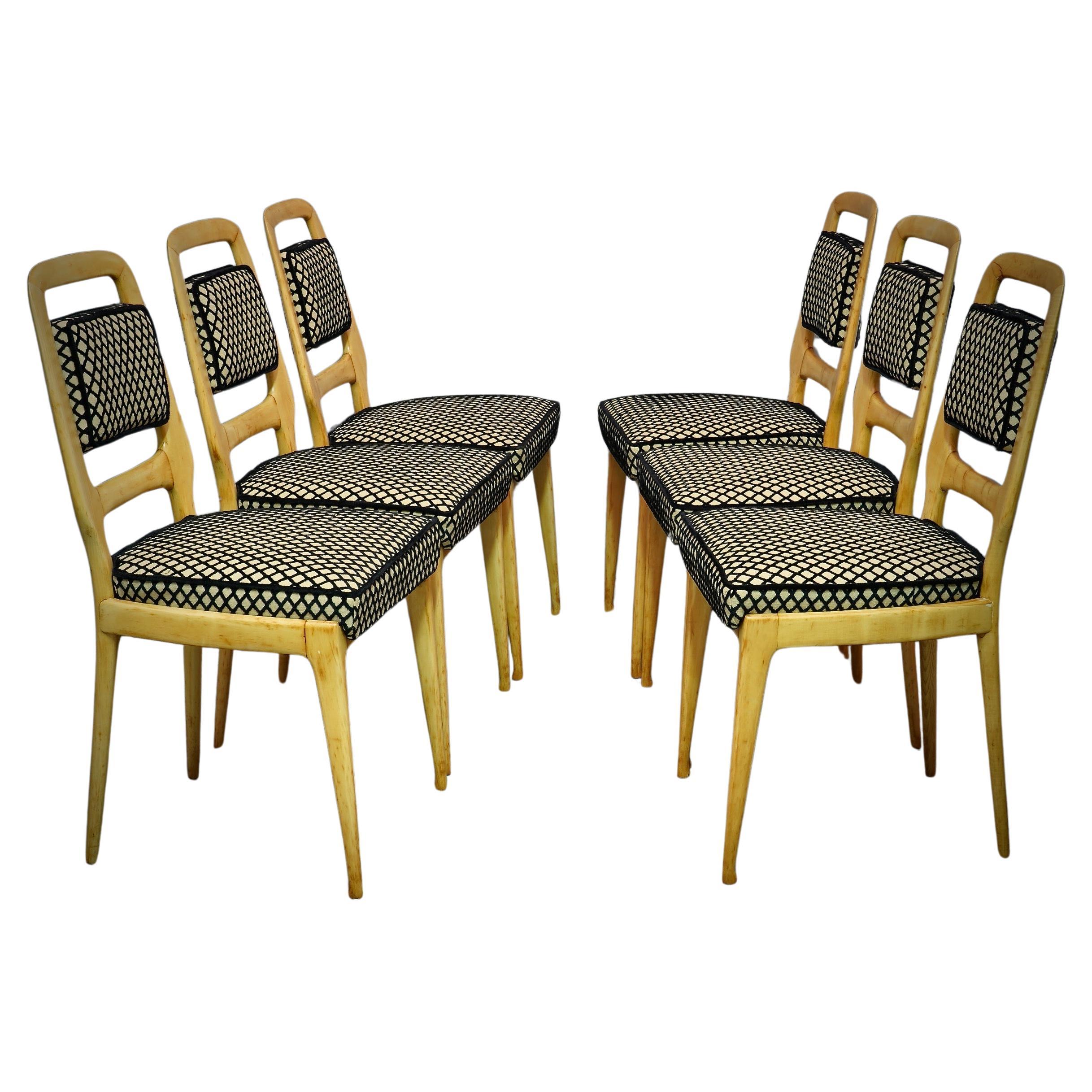 Vittorio Dassi Maple Wood and Velvet Midcentury Dinning Chairs, 1950