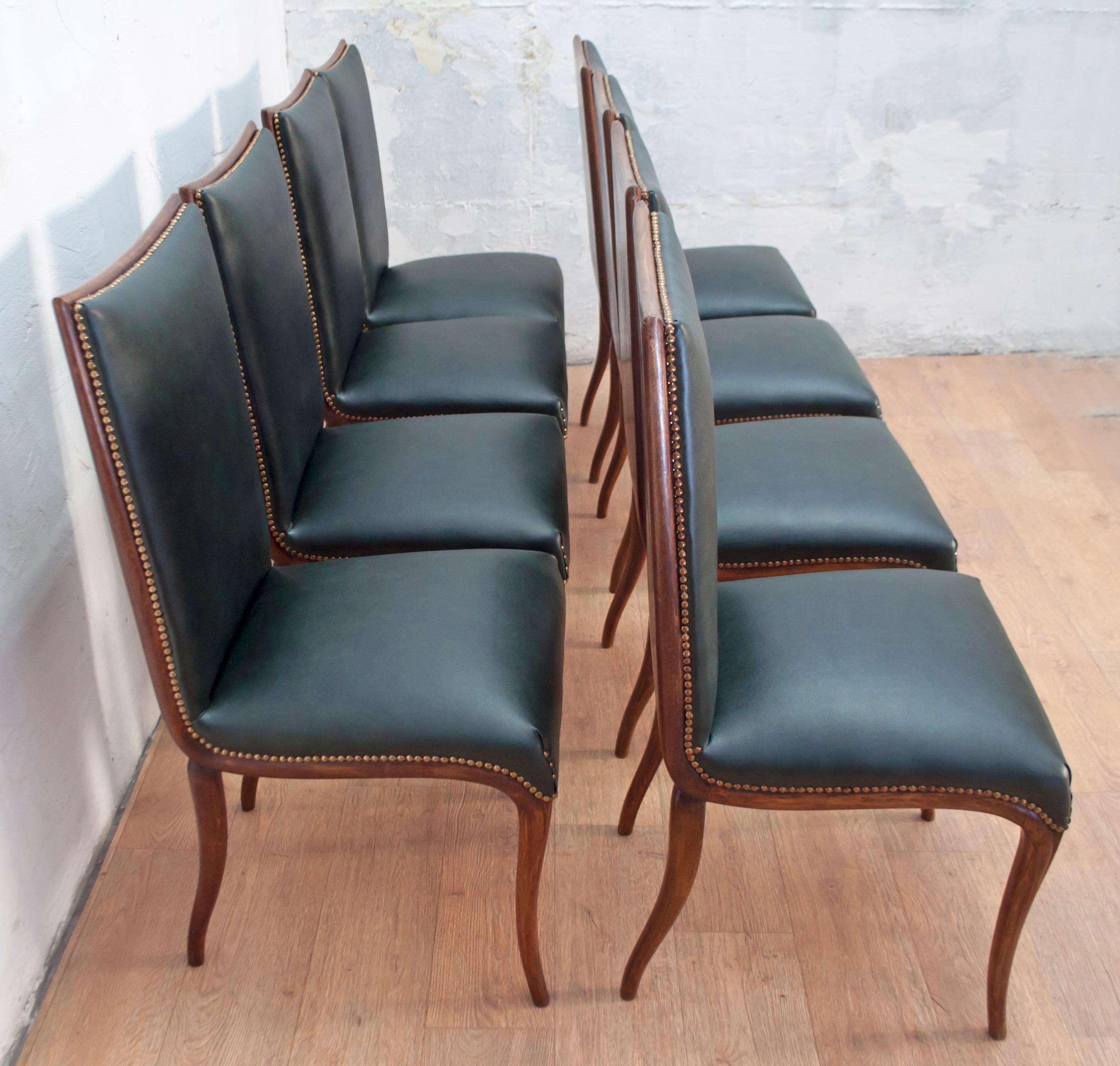 Faux Leather Vittorio Dassi Mid-Century Modern Italian Walnut Eight Dining Chairs, 1950s