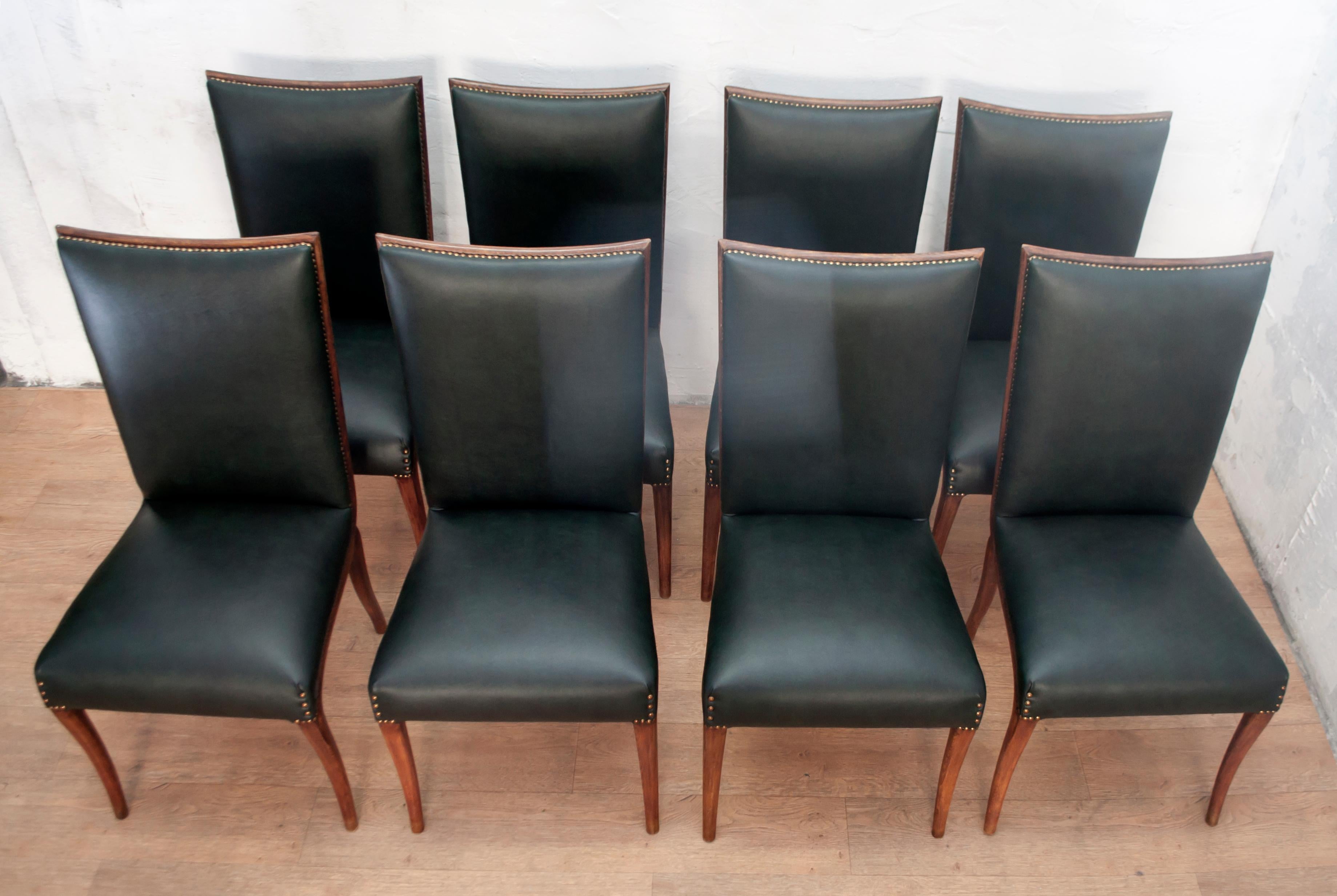 Faux Leather Vittorio Dassi Mid-Century Modern Italian Walnut Eight Dining Chairs, 1950s