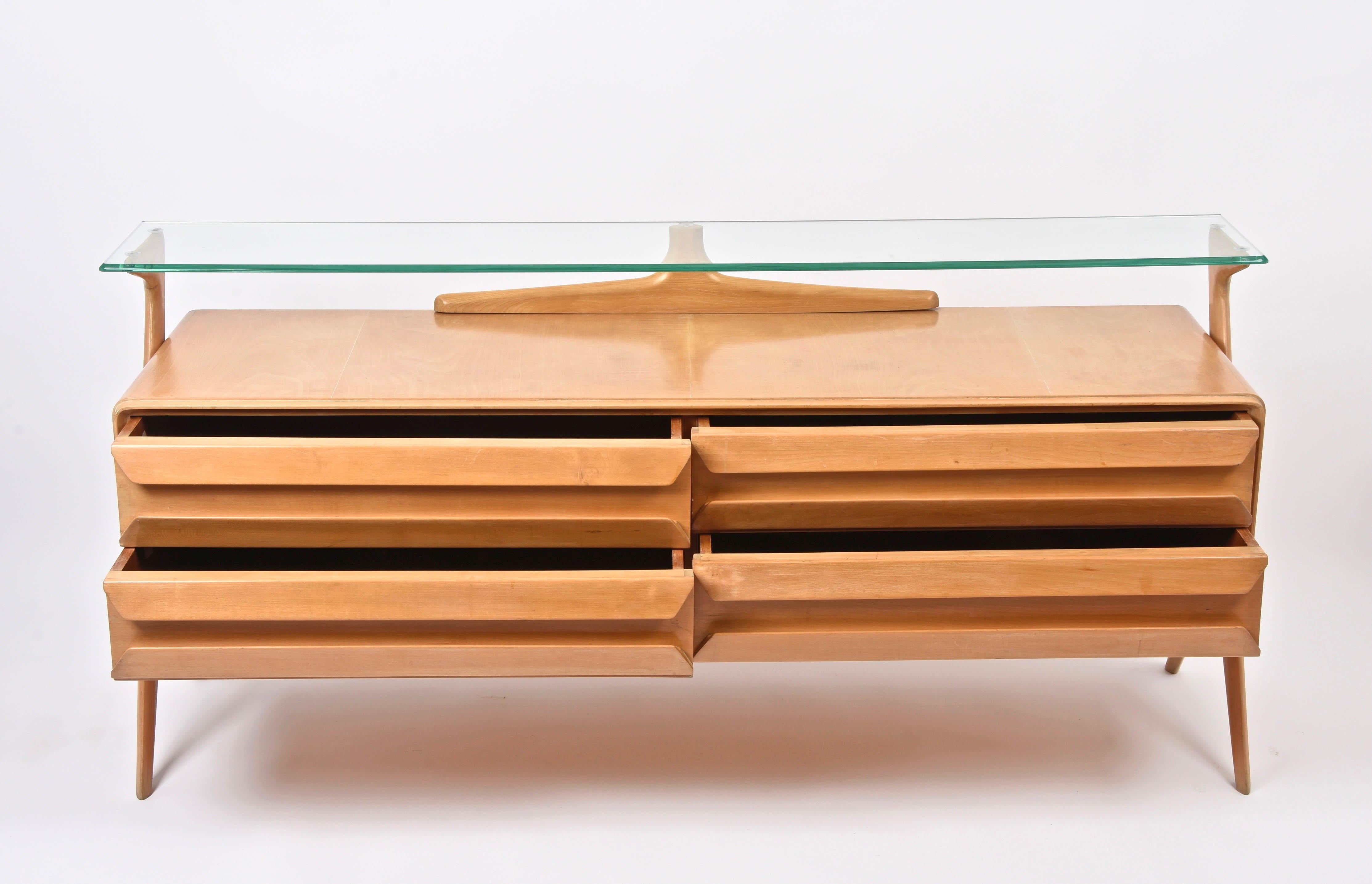Vittorio Dassi Midcentury Italian Maple Wood Sideboard with Glass Shelf, 1950s 8
