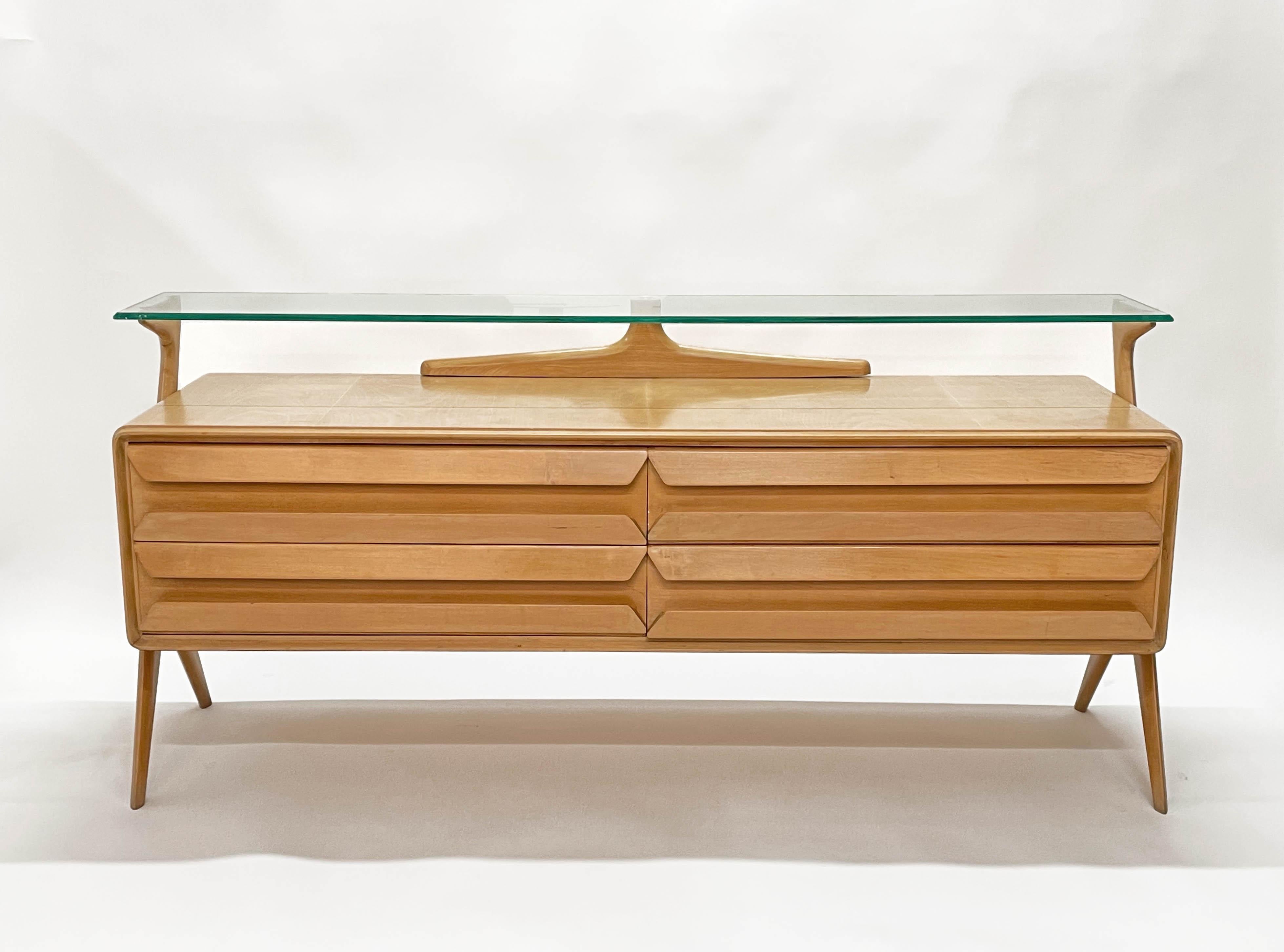 Mid-Century Modern Vittorio Dassi Midcentury Italian Maple Wood Sideboard with Glass Shelf, 1950s