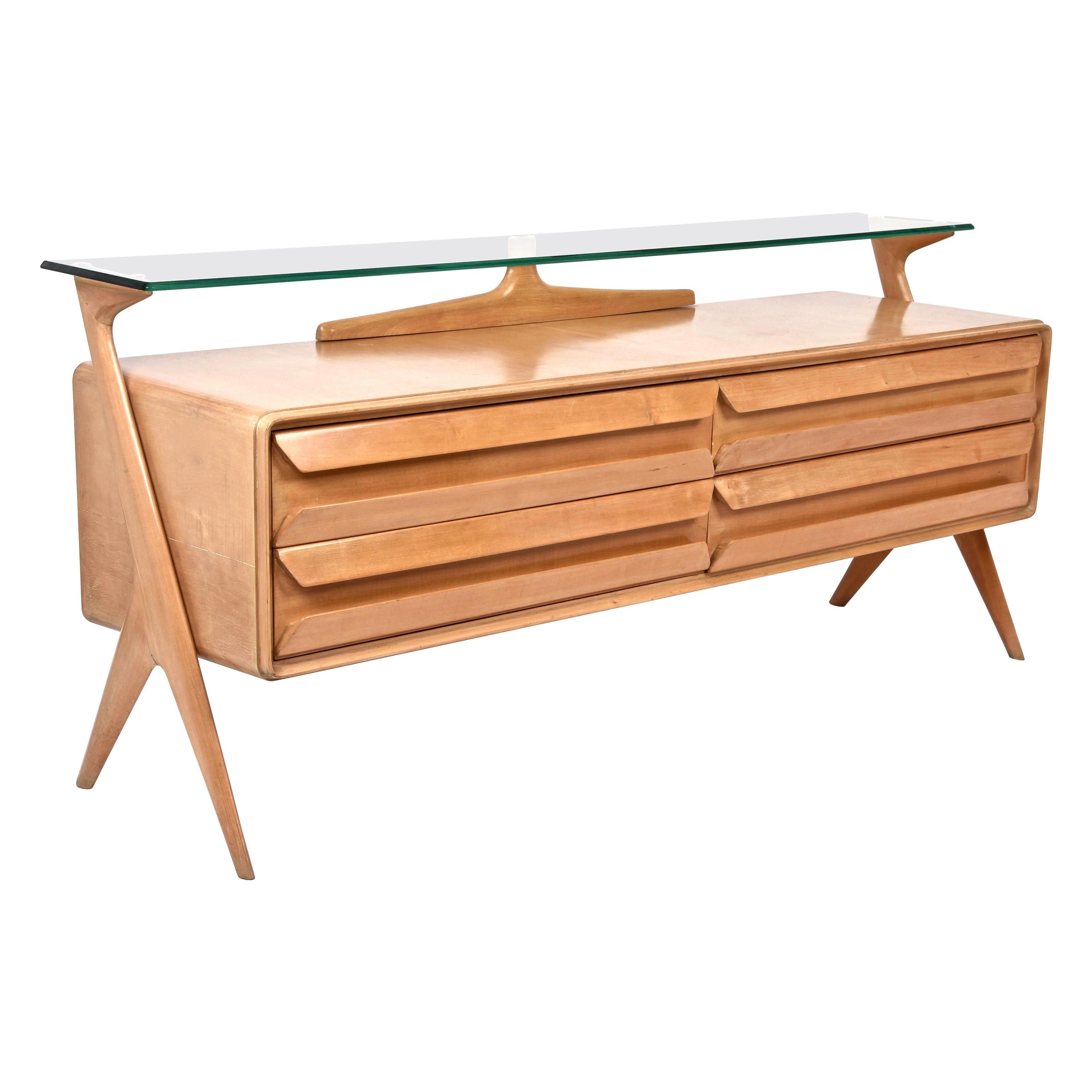 Vittorio Dassi Midcentury Italian Maple Wood Sideboard with Glass Shelf, 1950s