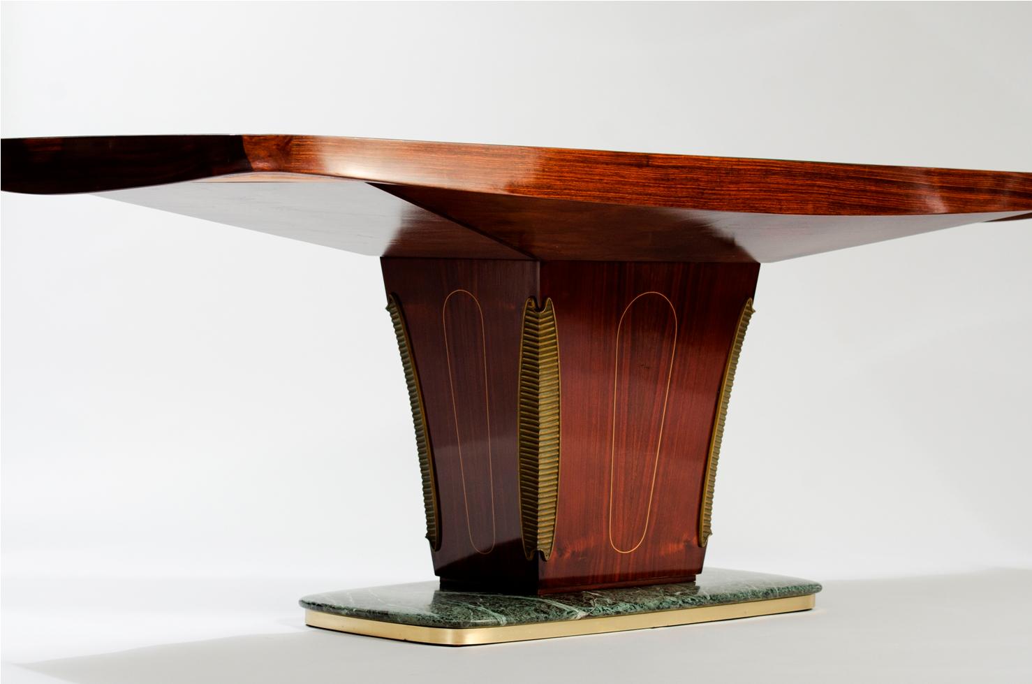 Rosewood, brass and green glass dining table in a green marble base, by Vittorio Dassi.