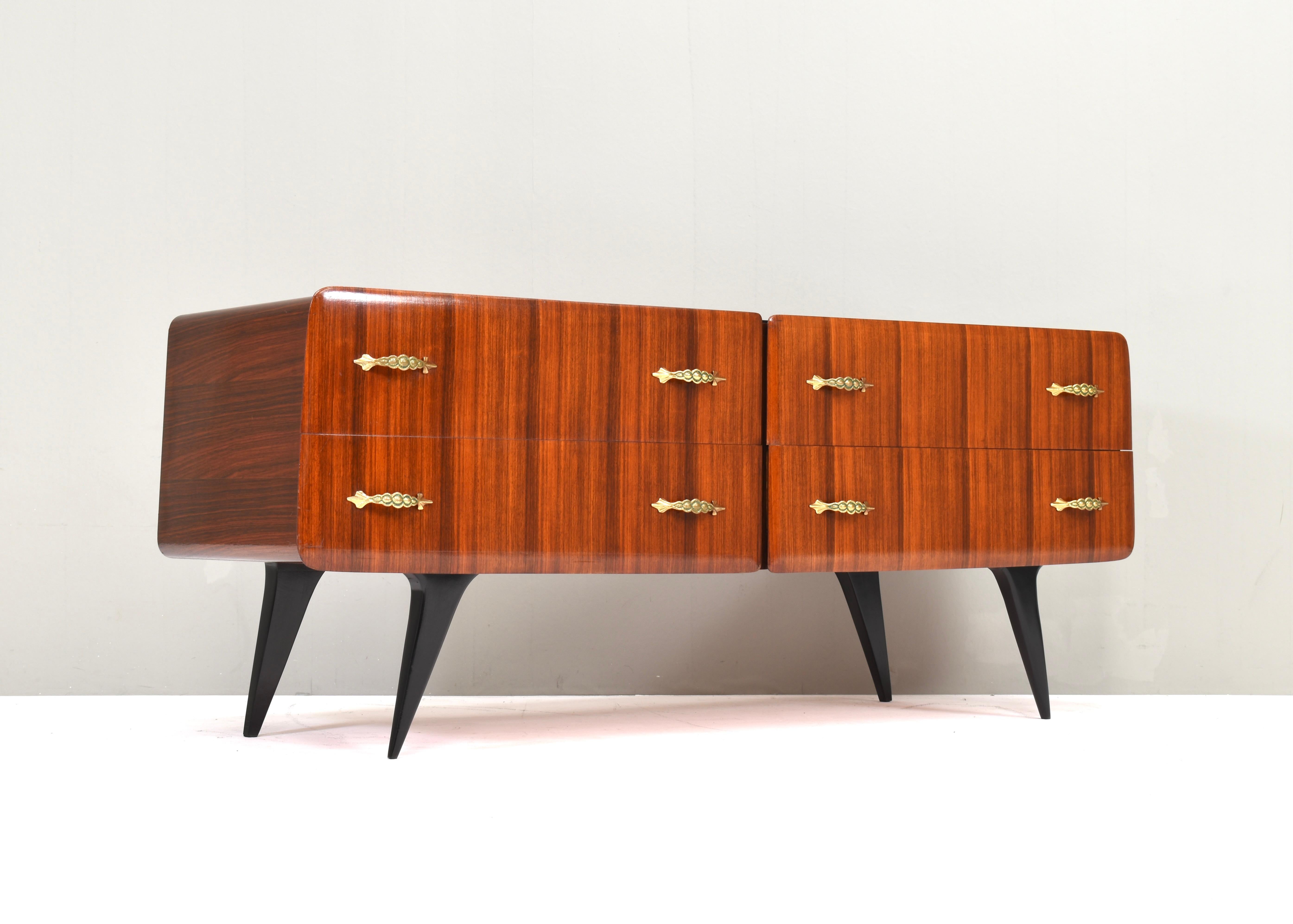 Introducing this sophisticated sideboard by or in the style of Vittorio Dassi  in Italian Walnut and black glass – where timeless elegance meets modern functionality. Crafted with precision and imbued with Italian craftsmanship, this masterpiece