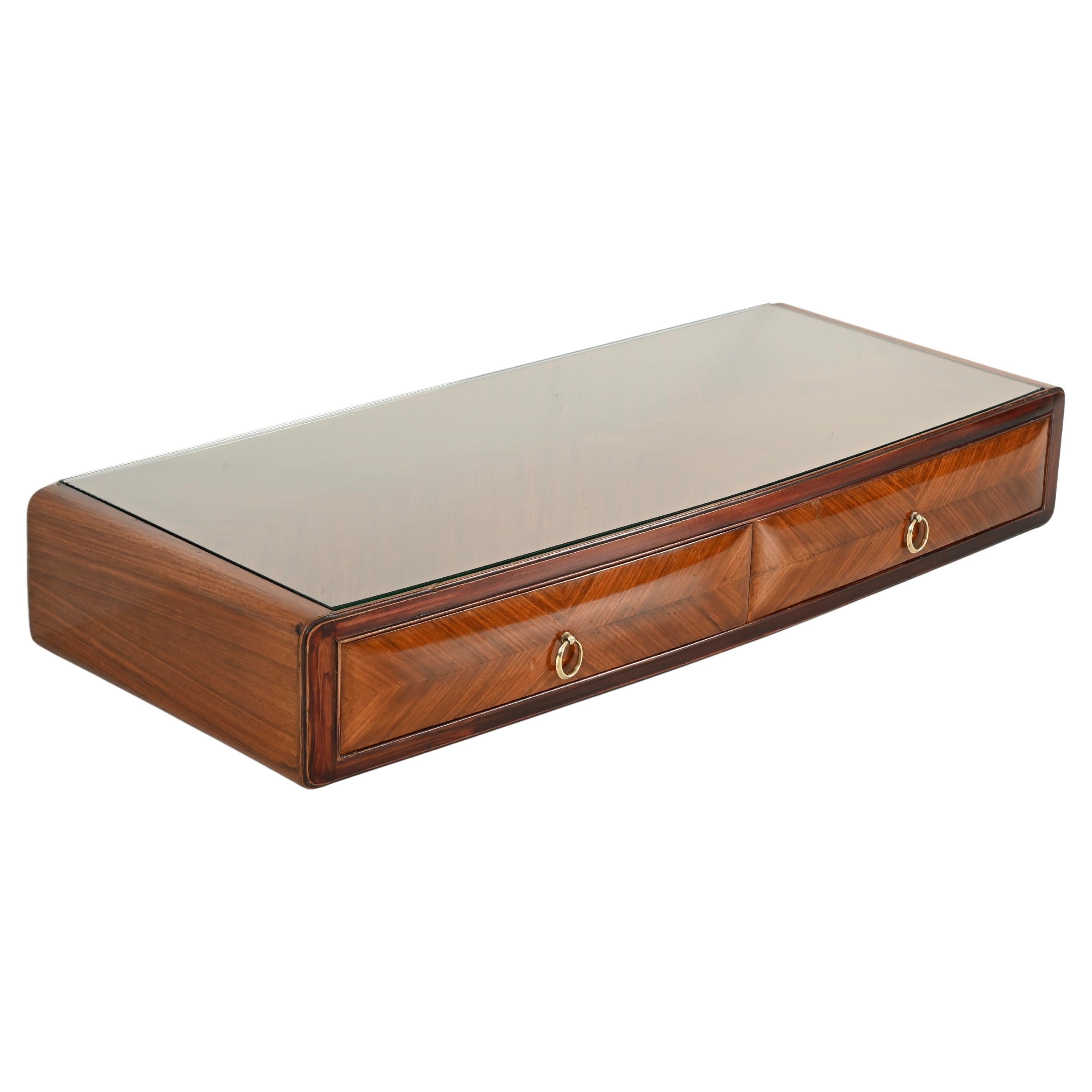 Vittorio Dassi Wall-Mounted Console Table in Wood, Brass and Glass, Italy, 1950s For Sale