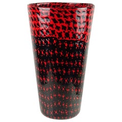 Vittorio Ferro Murano Black Red Murrines Italian Art Glass Flower Vase