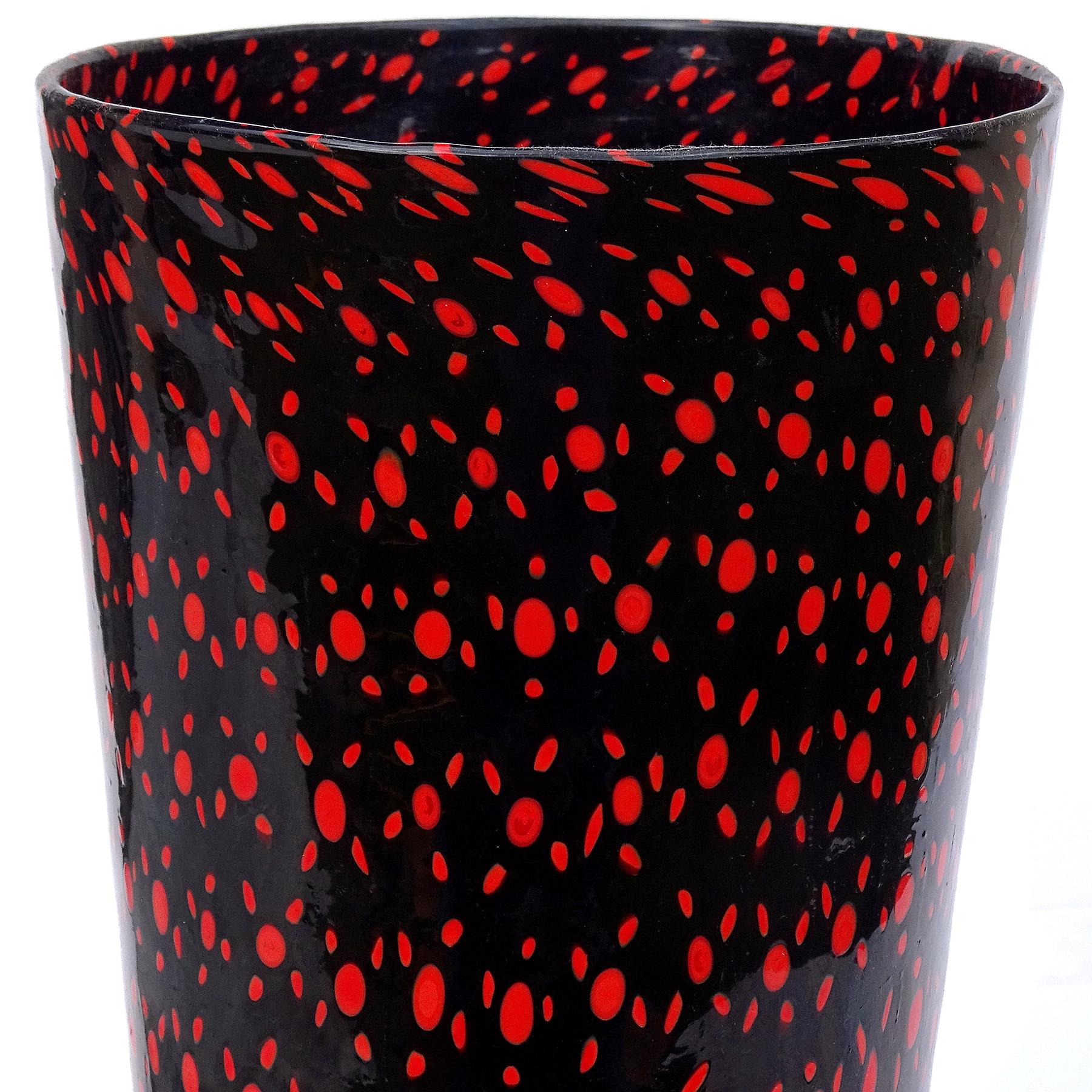 Rare and large Murano hand blown black murrines with bright red orange design Italian art glass flower vase. Attributed to designer Vittorio Ferro, circa 1980-1990s. He became a master and worked for Fratelli Toso from 1952-1981. After leaving FT he