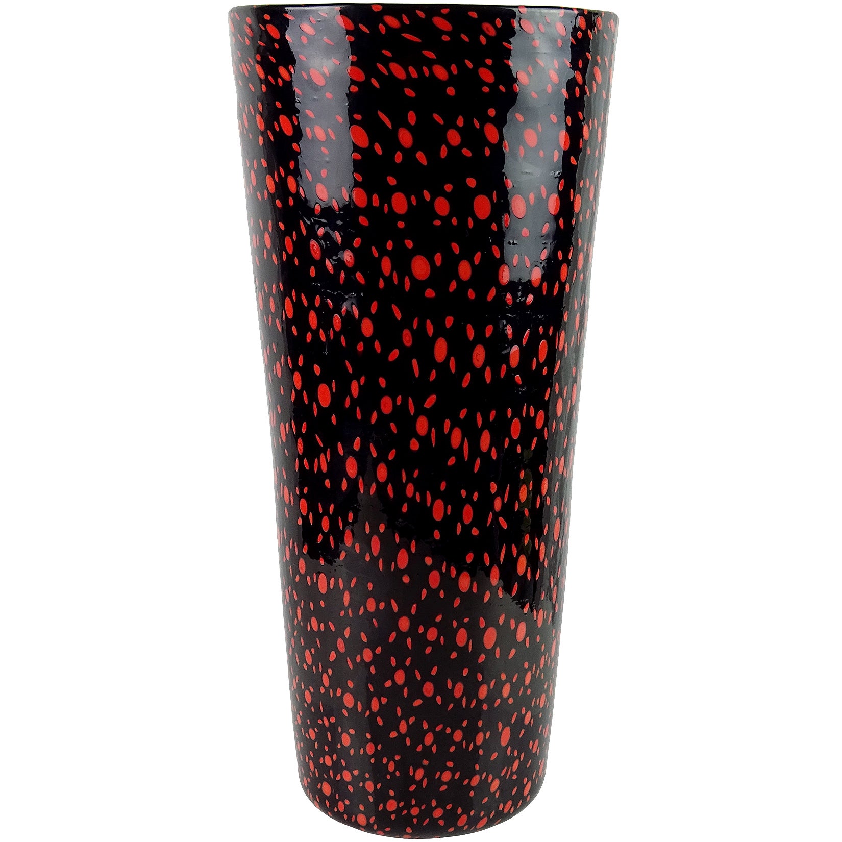 Vittorio Ferro Murano Black Red Orange Murrines Italian Art Glass Flower Vase