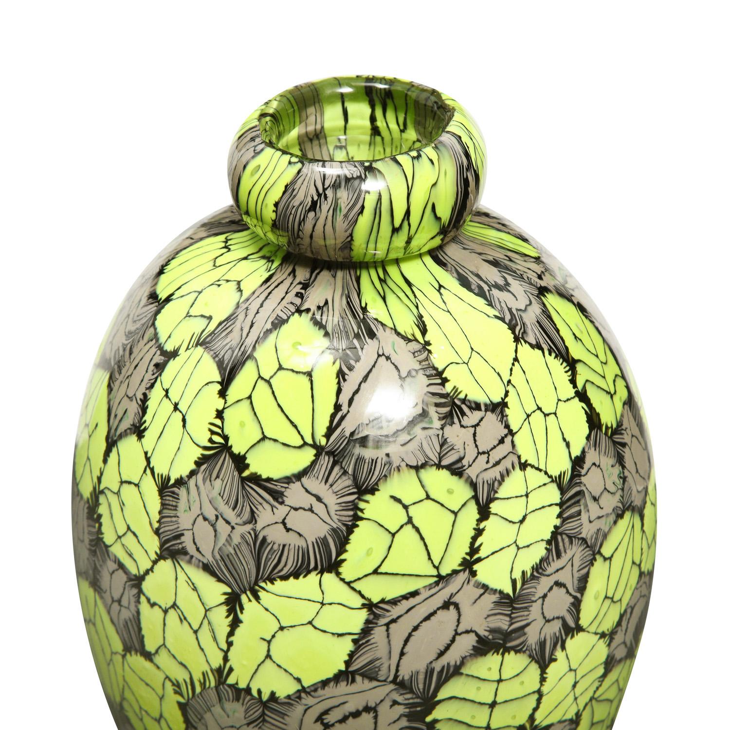 Hand-blown glass vase with unique chartreuse, black and taupe murrine by Vittorio Ferro, Murano Italy, 1999 (signed on the bottom “VITTORIO FERRO ‘99”). Born in 1932, Vittorio Ferro was a first rate glass master who spent many years working at