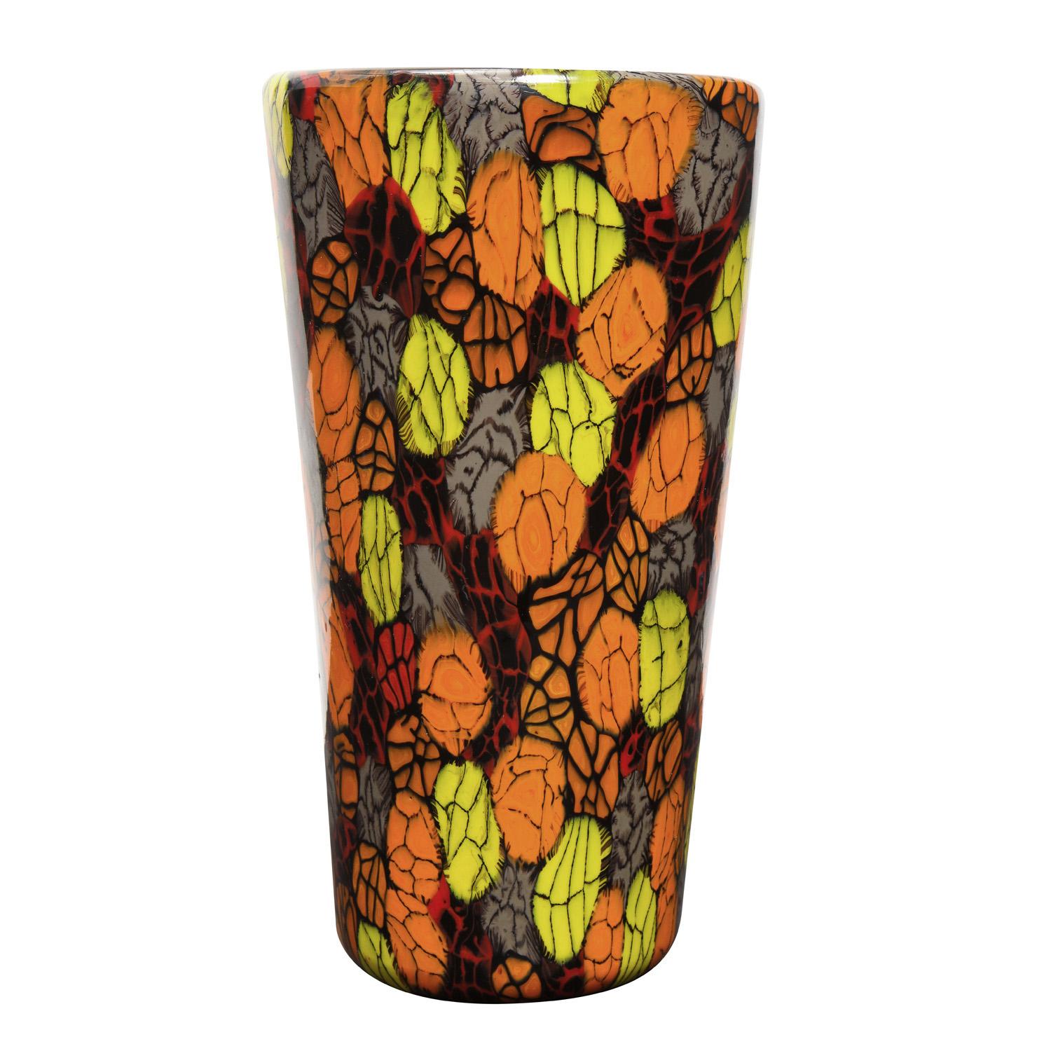 Hand-blown glass vase with unique red, orange, yellow and taupe murrine by Vittorio Ferro, Murano Italy, ca 1994. Vittorio Ferro, born in 1932, was a first rate glass master who spent many years working at Fratelli Toso in the 1950’s and 60’s,