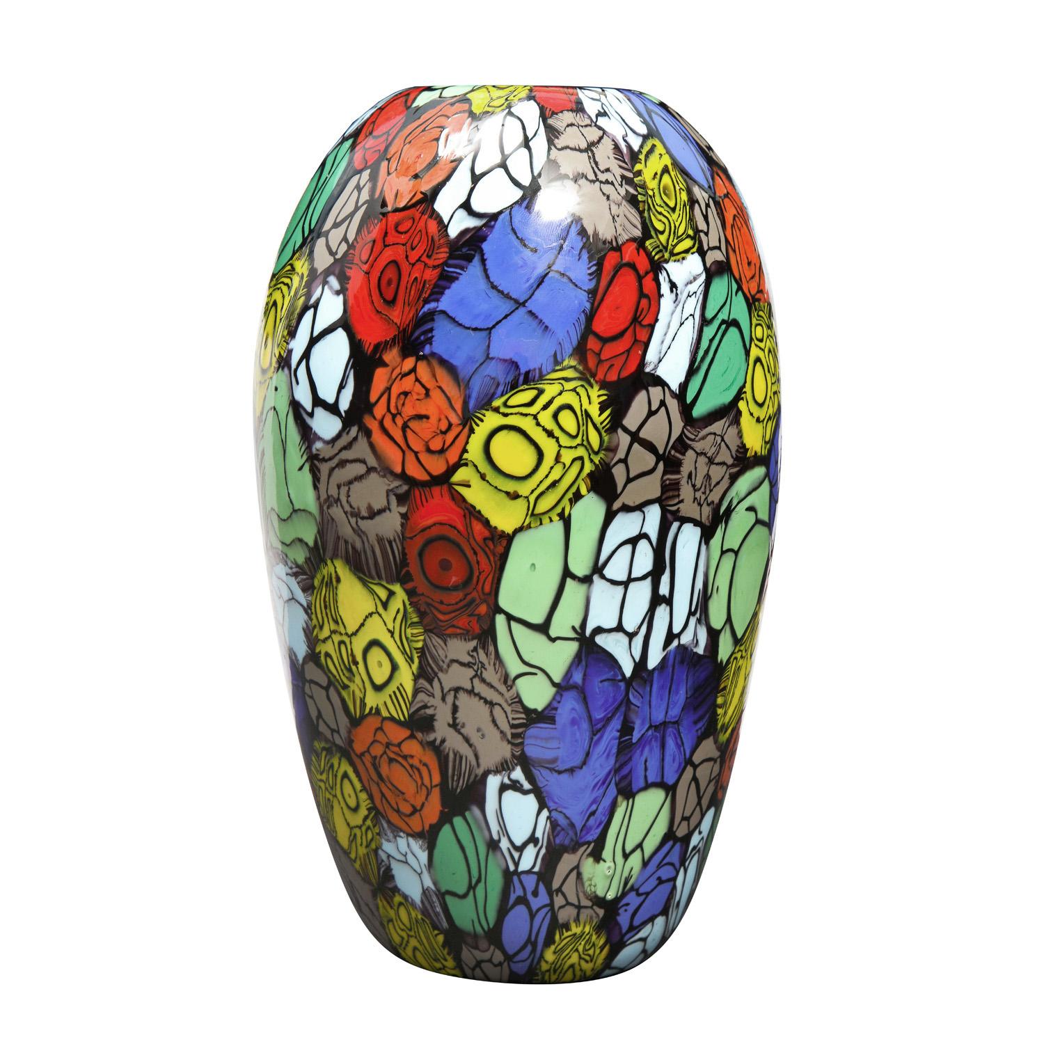 Hand-blown glass vase with unique red, gree, blue, black and taupe murrine by Vittorio Ferro, Murano Italy, 1994 (signed on bottom “Vittorio Ferro ‘94”). Born in 1932, Vittorio Ferro was a first rate glass master who spent many years working at