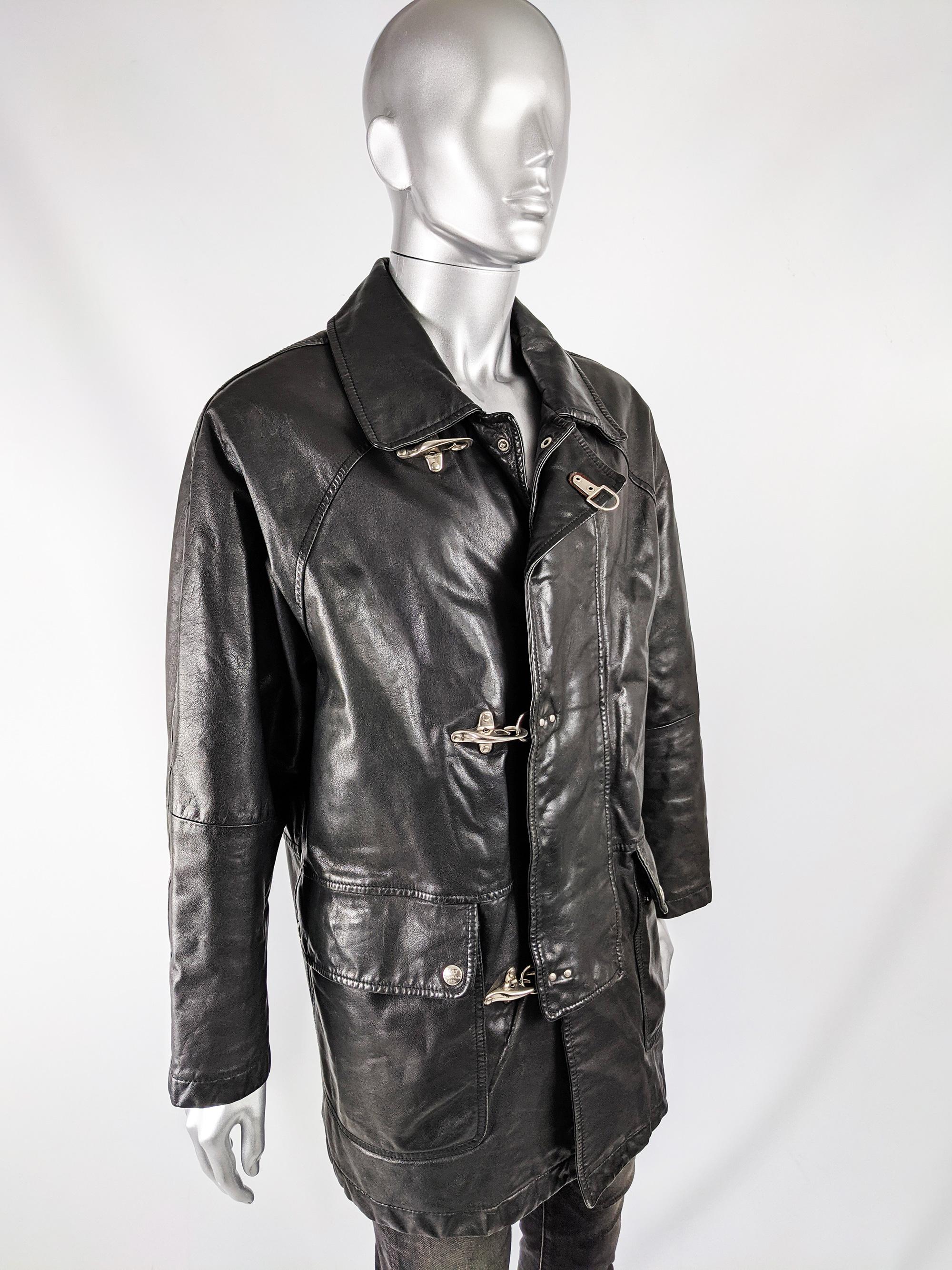 Vittorio Forti Mens Vintage Black Leather Coat In Excellent Condition In Doncaster, South Yorkshire