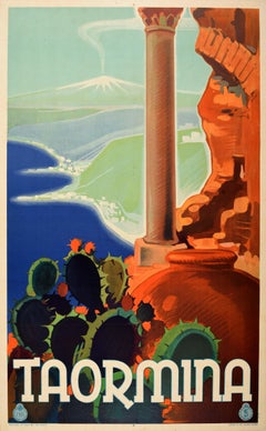 Original Vintage Travel Poster Taormina Sicily ENIT Italy Mount Etna V Grassi