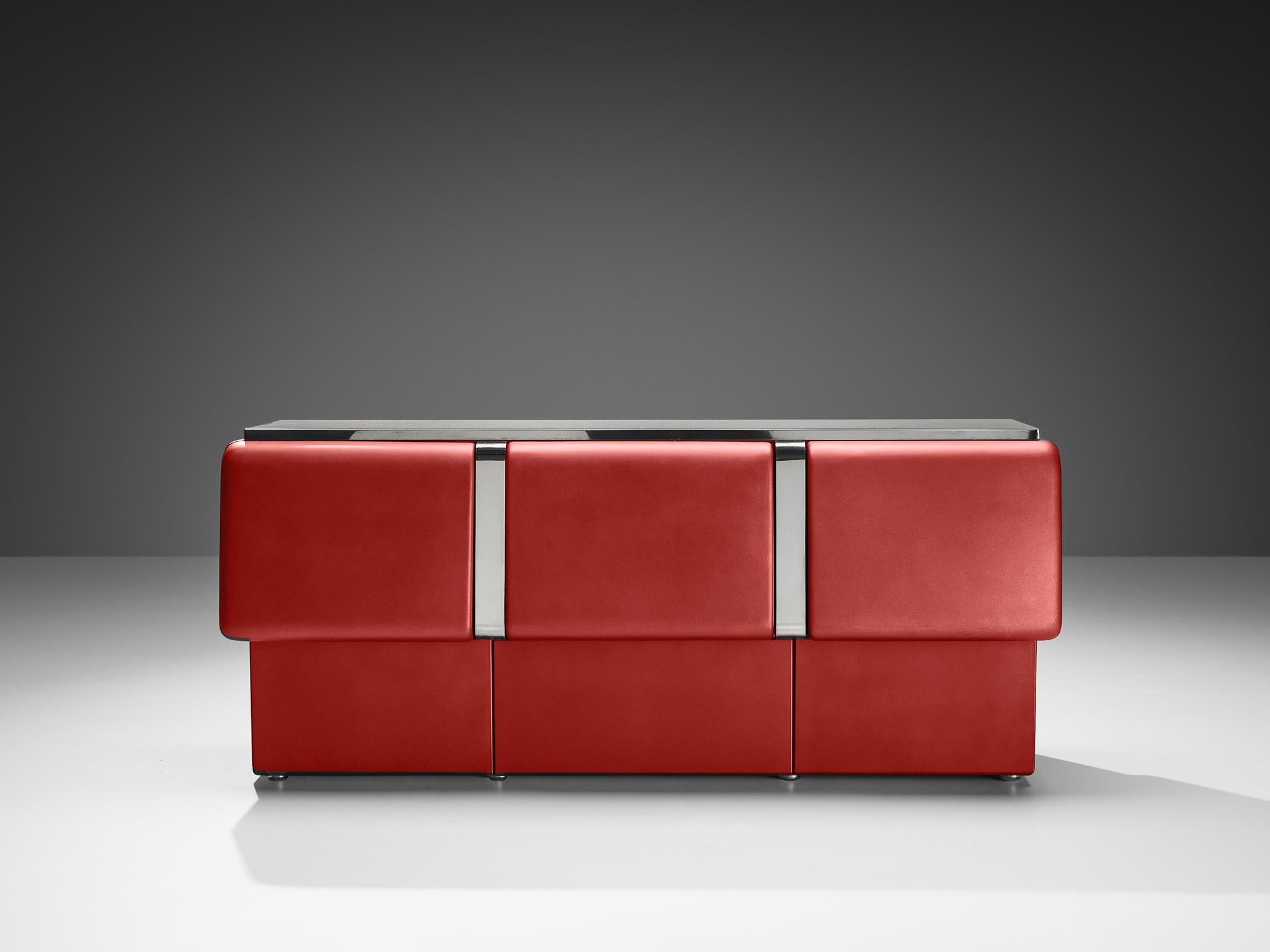 Italian Vittorio Introini 'Colby' Sideboard in Red Lacquered Wood and Metal