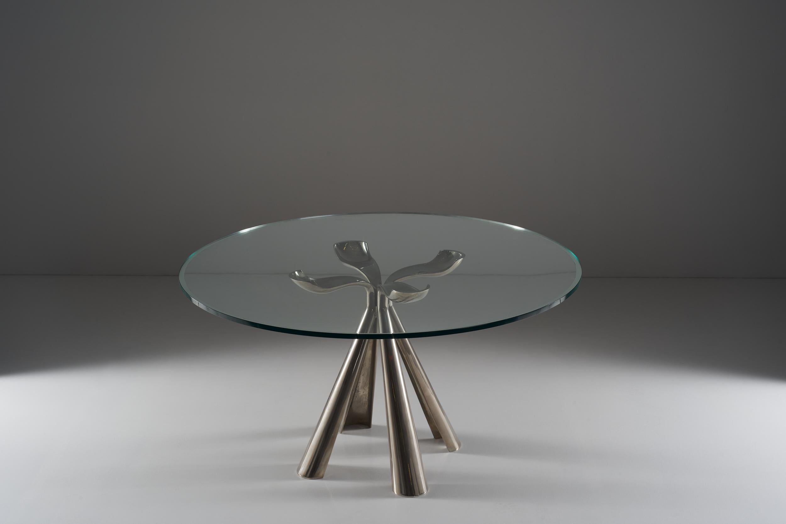 Modern Vittorio Introini Colby Table in Die-Cast Steel and Glass Top, circa 1972