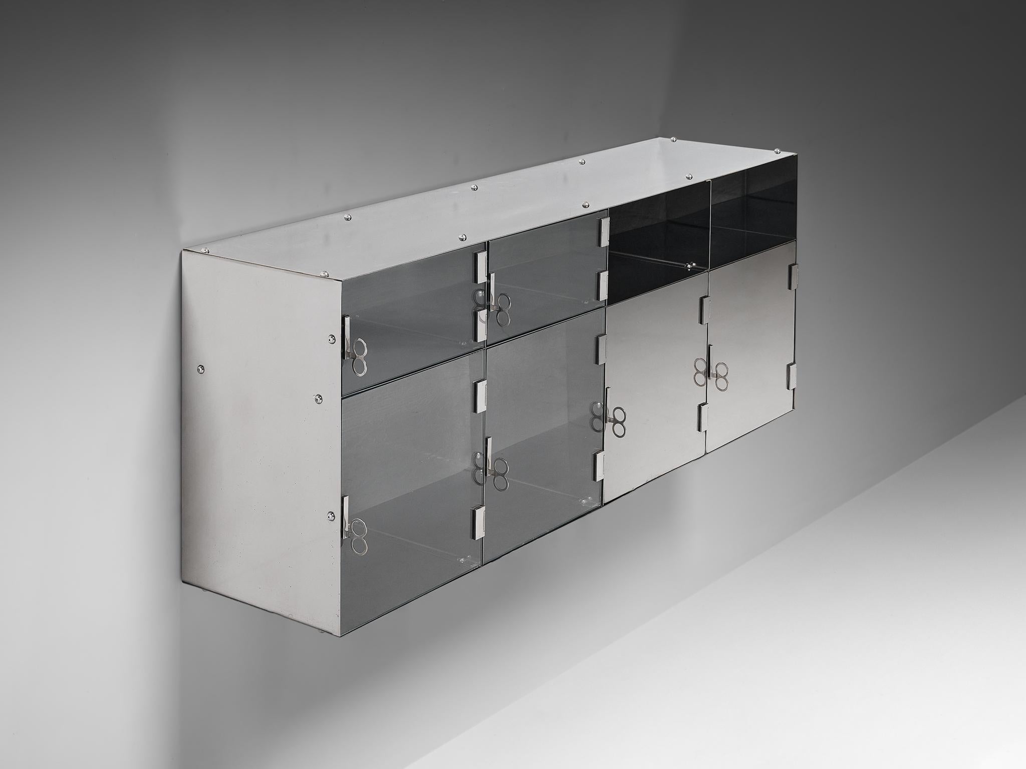 Vittorio Introini for Saporiti, wall-mounted sideboard, polished aluminum, glass, lacquered ash, Italy, 1960s 

Exceptional cabinet designed by Vittorio Introini for Saporiti in the 1960s. The rationalist aluminum and glass sideboard has a clear and