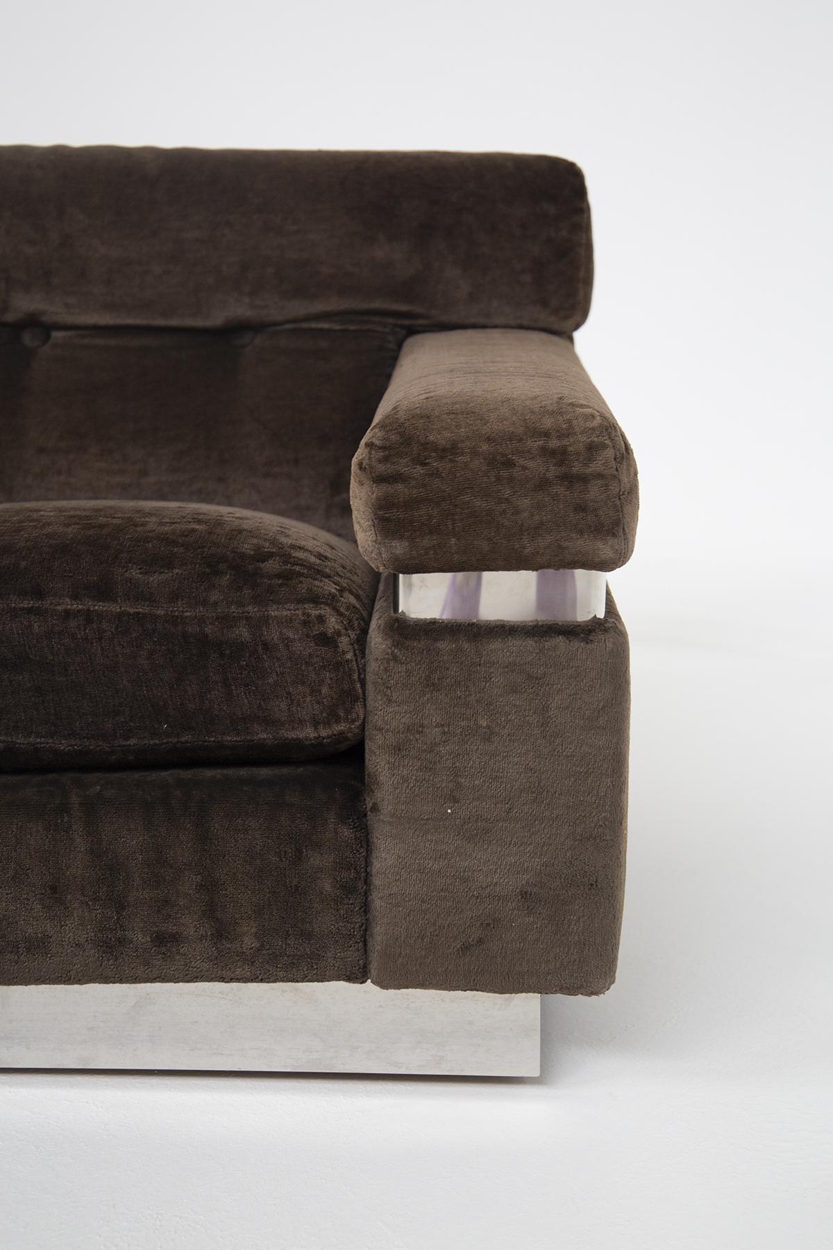 Late 20th Century Vittorio Introini Italian Sofa in Brown Velvet and Steel For Sale