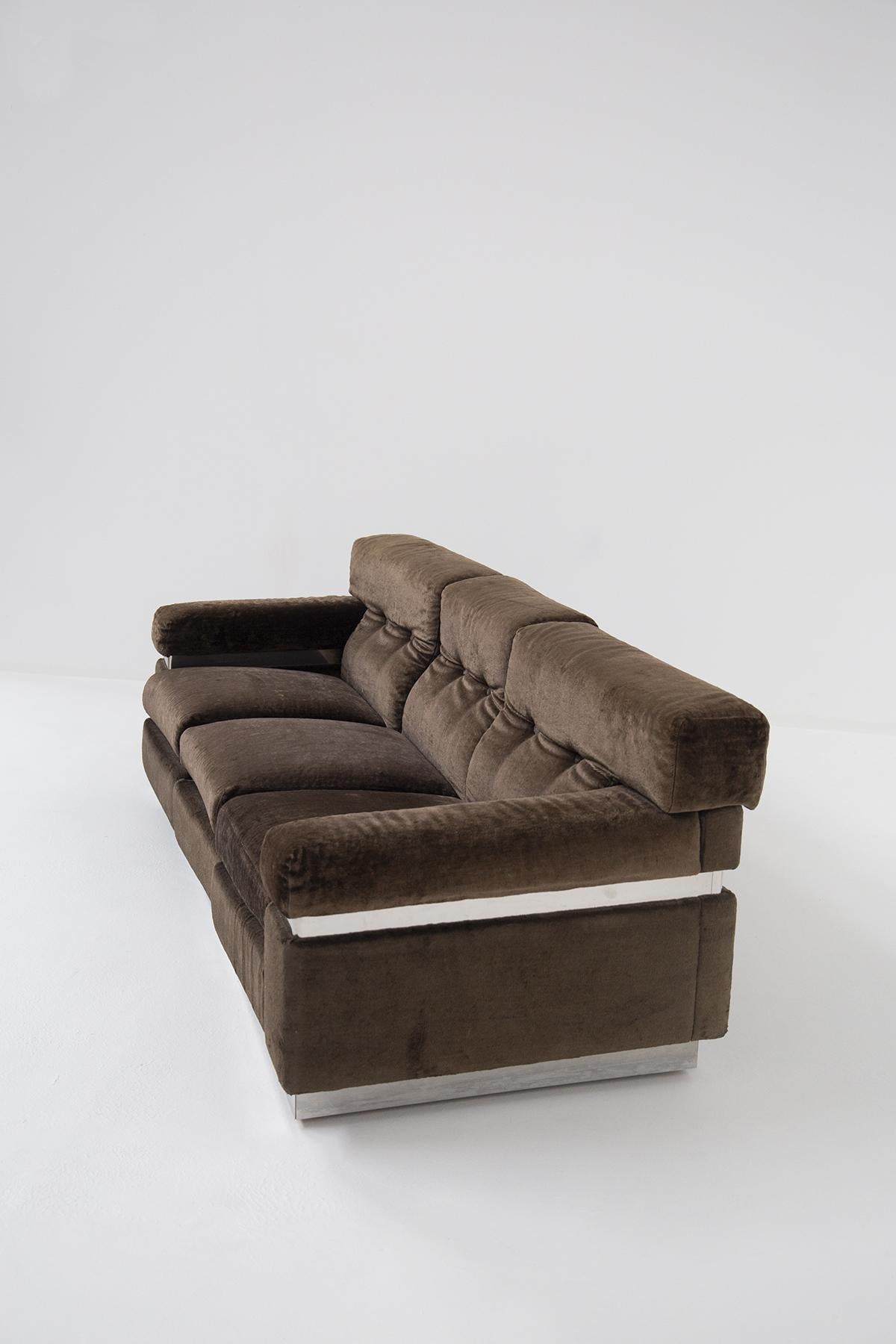 Vittorio Introini Italian Sofa in Brown Velvet and Steel For Sale 1