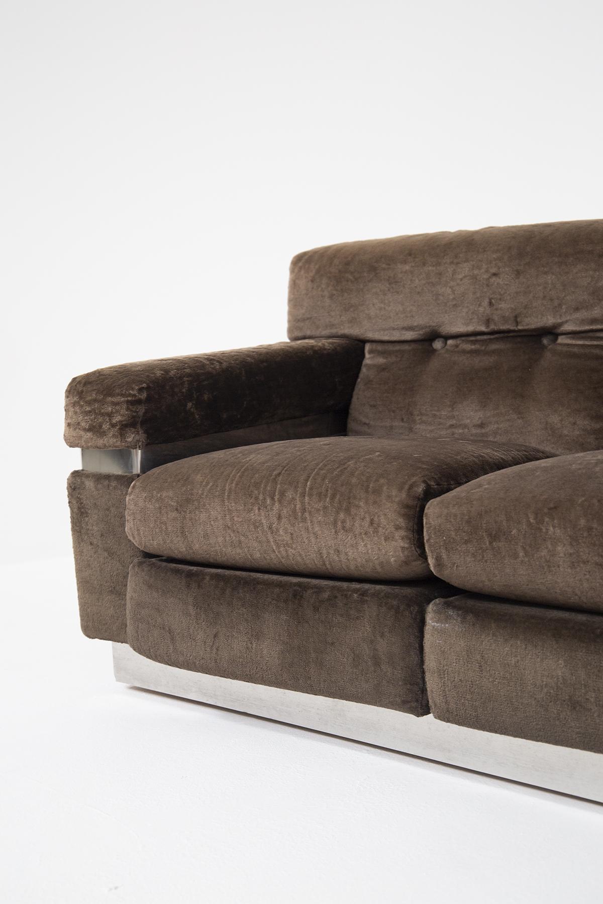 Vittorio Introini Italian Sofa in Brown Velvet and Steel For Sale 2