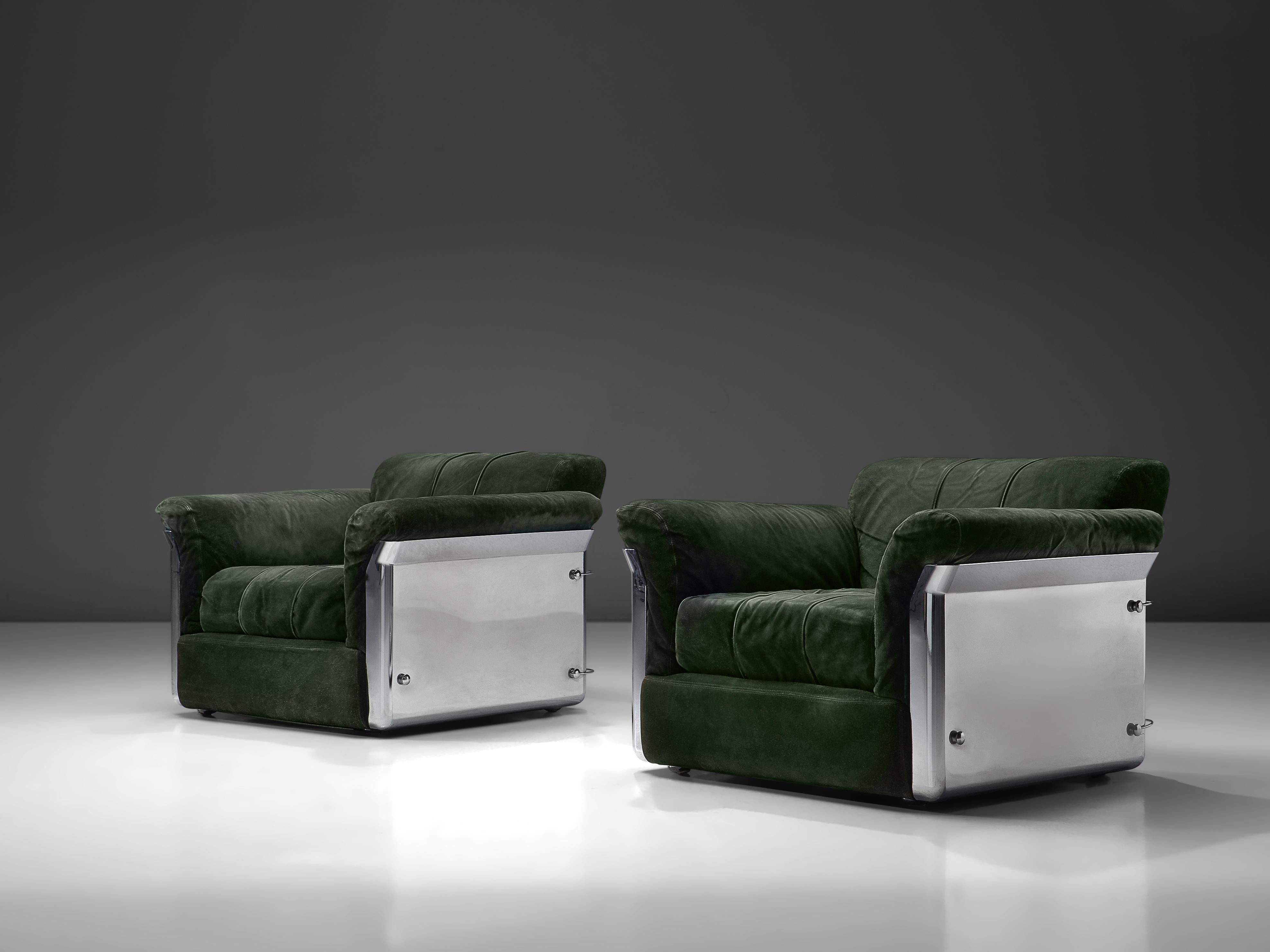 Italian Vittorio Introini Pair of 'Larissa' Lounge Chairs in Green Leather