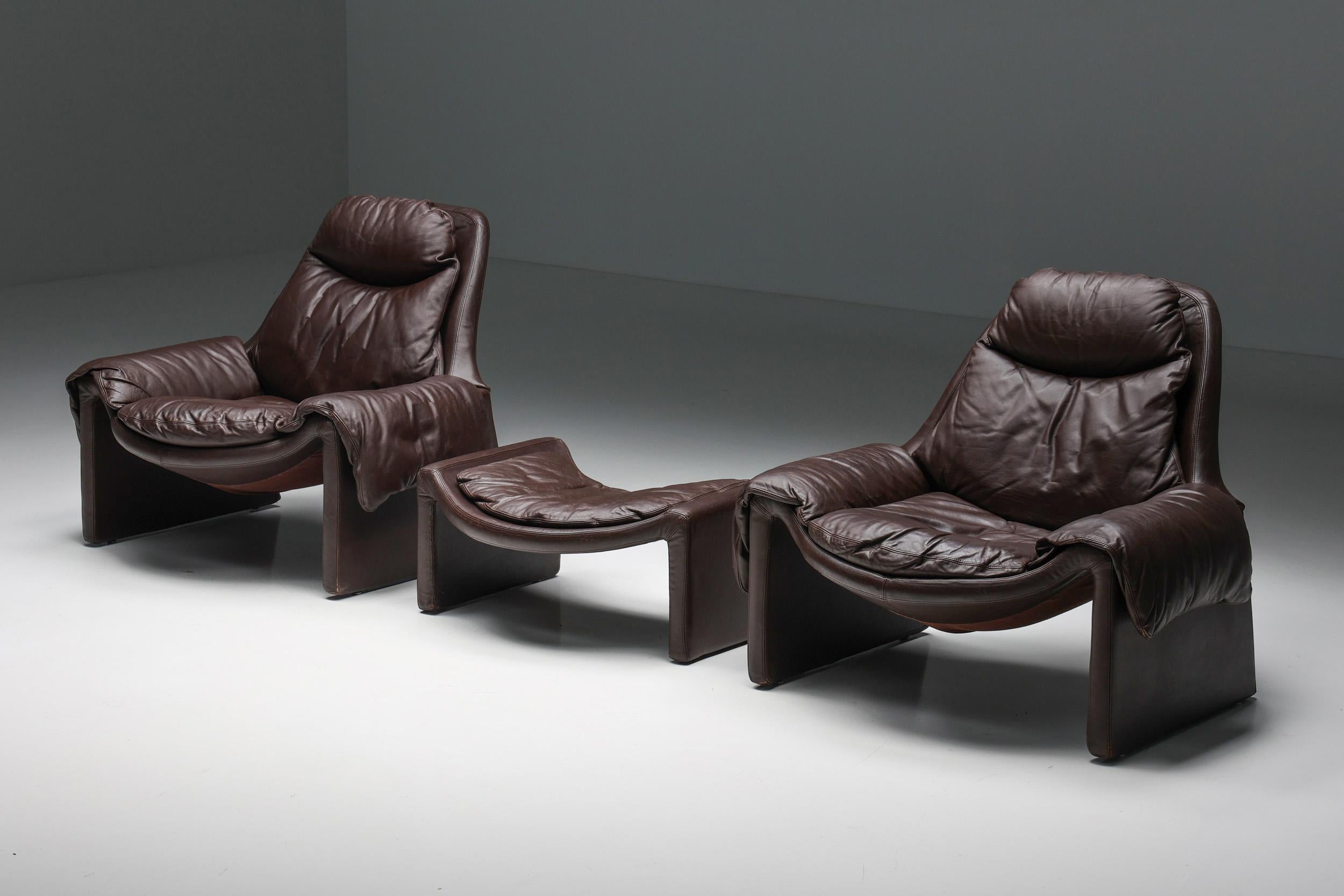 Vittorio Introini; Proposals; P60; Lounge chair; Ottoman; armchair; Footstool; Saporiti; 1969; Italy; Italian design; Living room set; 

A pair of lounge chairs and one ottoman designed by Vittorio Introini for the experimental 