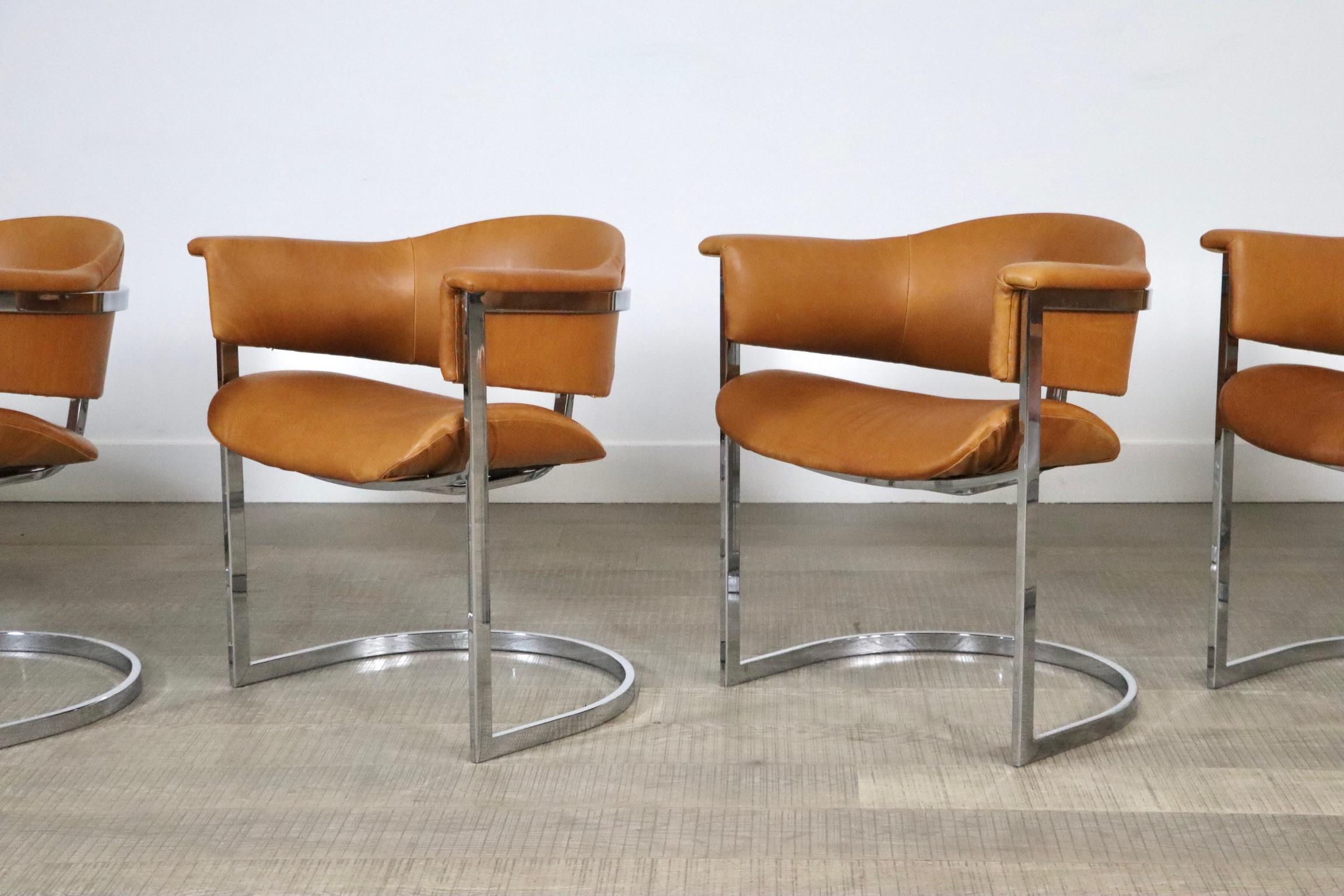 Vittorio Introini Set of 6 Dining Chairs in Chromed Steel and Cognac Leather For Sale 7