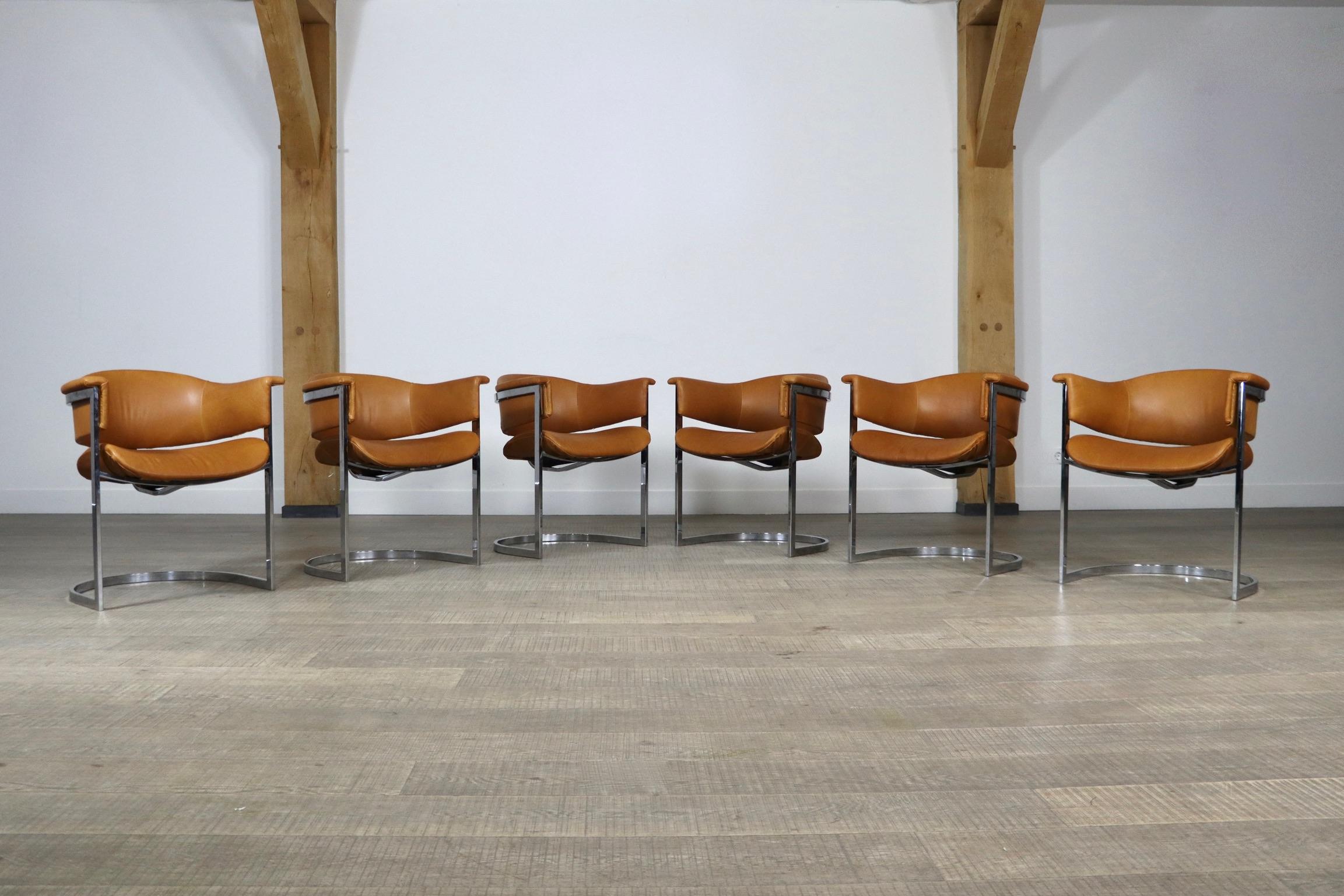Vittorio Introini Set of 6 Dining Chairs in Chromed Steel and Cognac Leather In Excellent Condition For Sale In ABCOUDE, UT