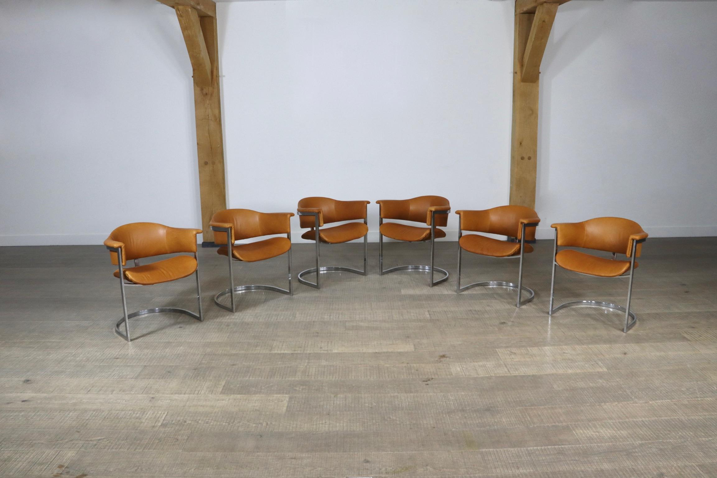 Mid-20th Century Vittorio Introini Set of 6 Dining Chairs in Chromed Steel and Cognac Leather For Sale