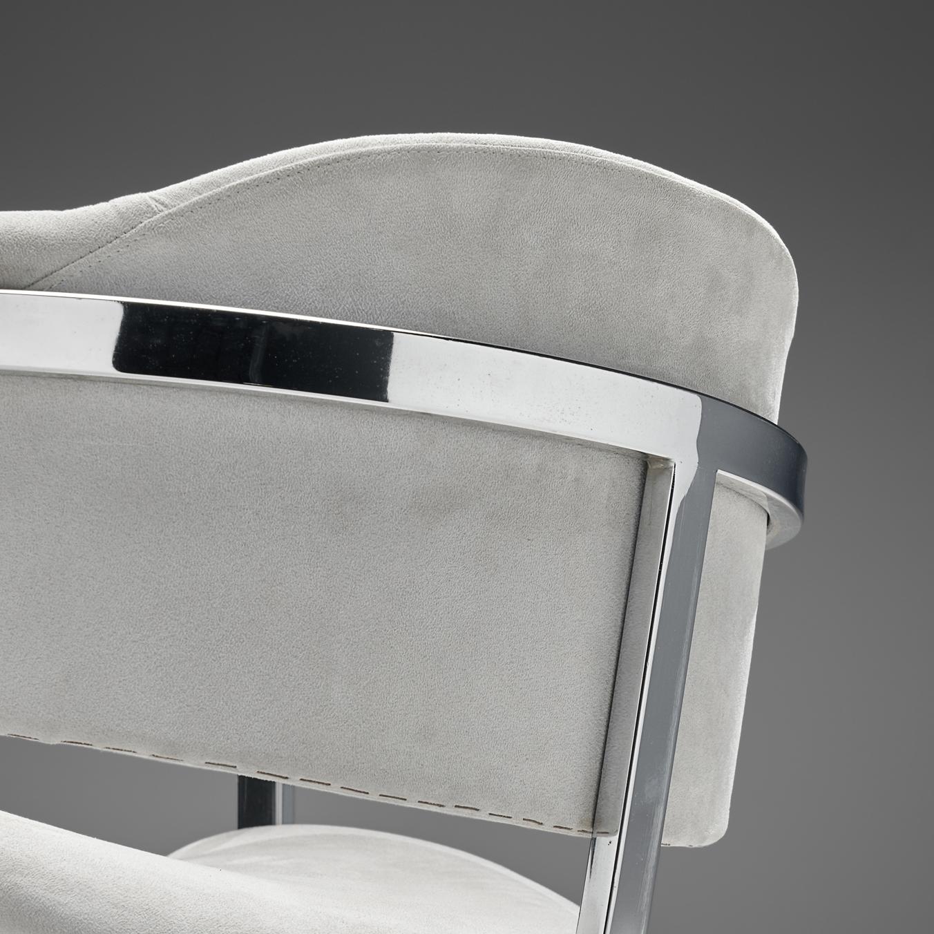 Post-Modern Vittorio Introini Set of Four Dining Chairs in Chromed Steel & Grey Fabric