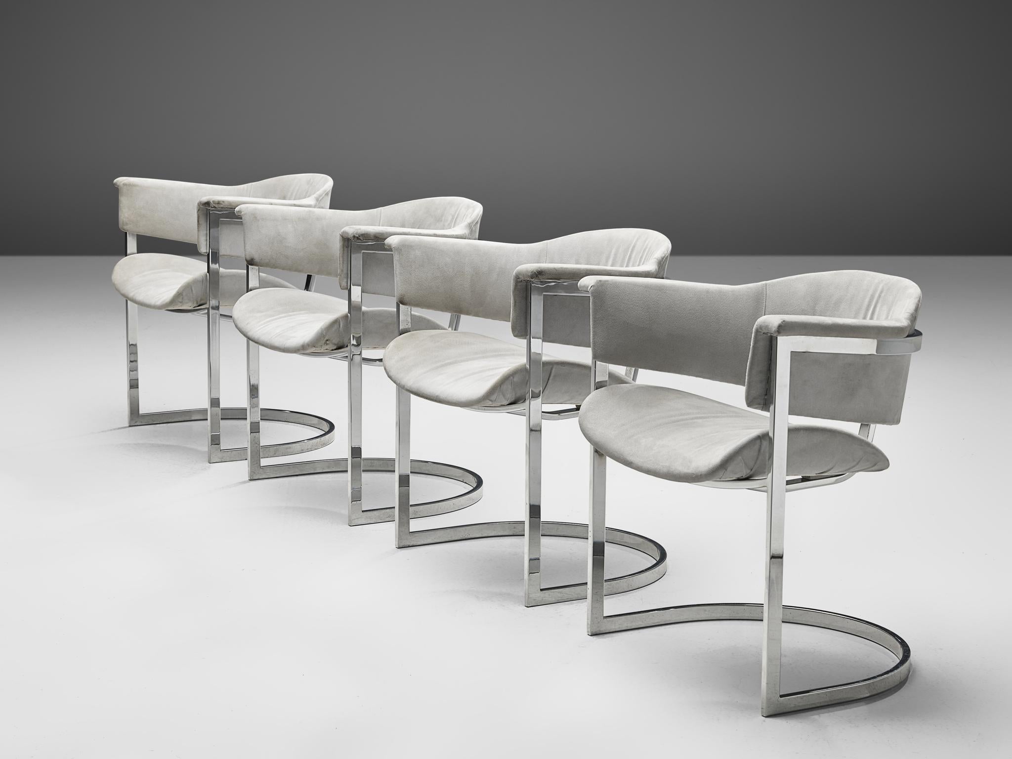 Italian Vittorio Introini Set of Four Dining Chairs in Chromed Steel & Grey Fabric