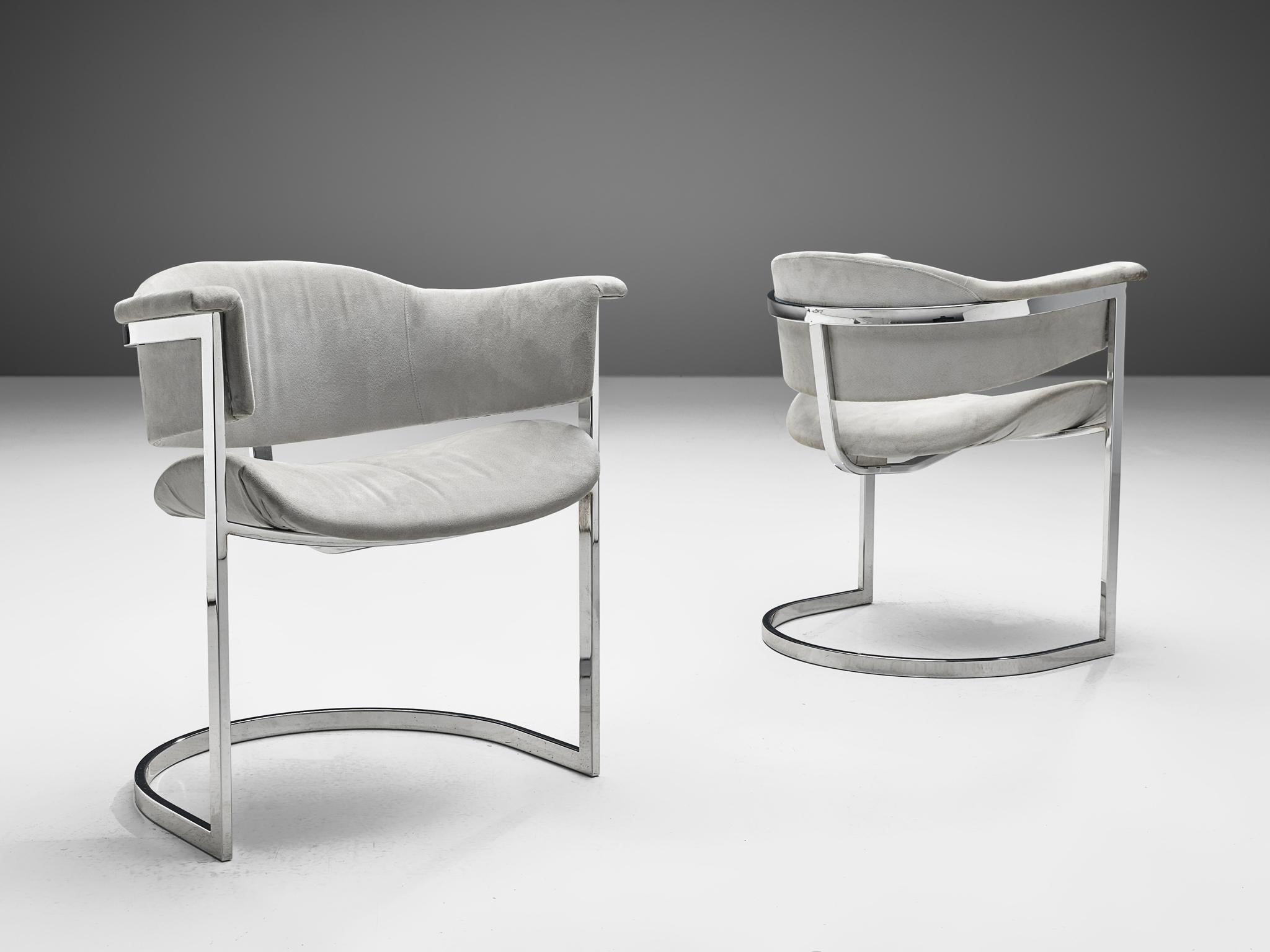Vittorio Introini Set of Four Dining Chairs in Chromed Steel & Grey Fabric 1