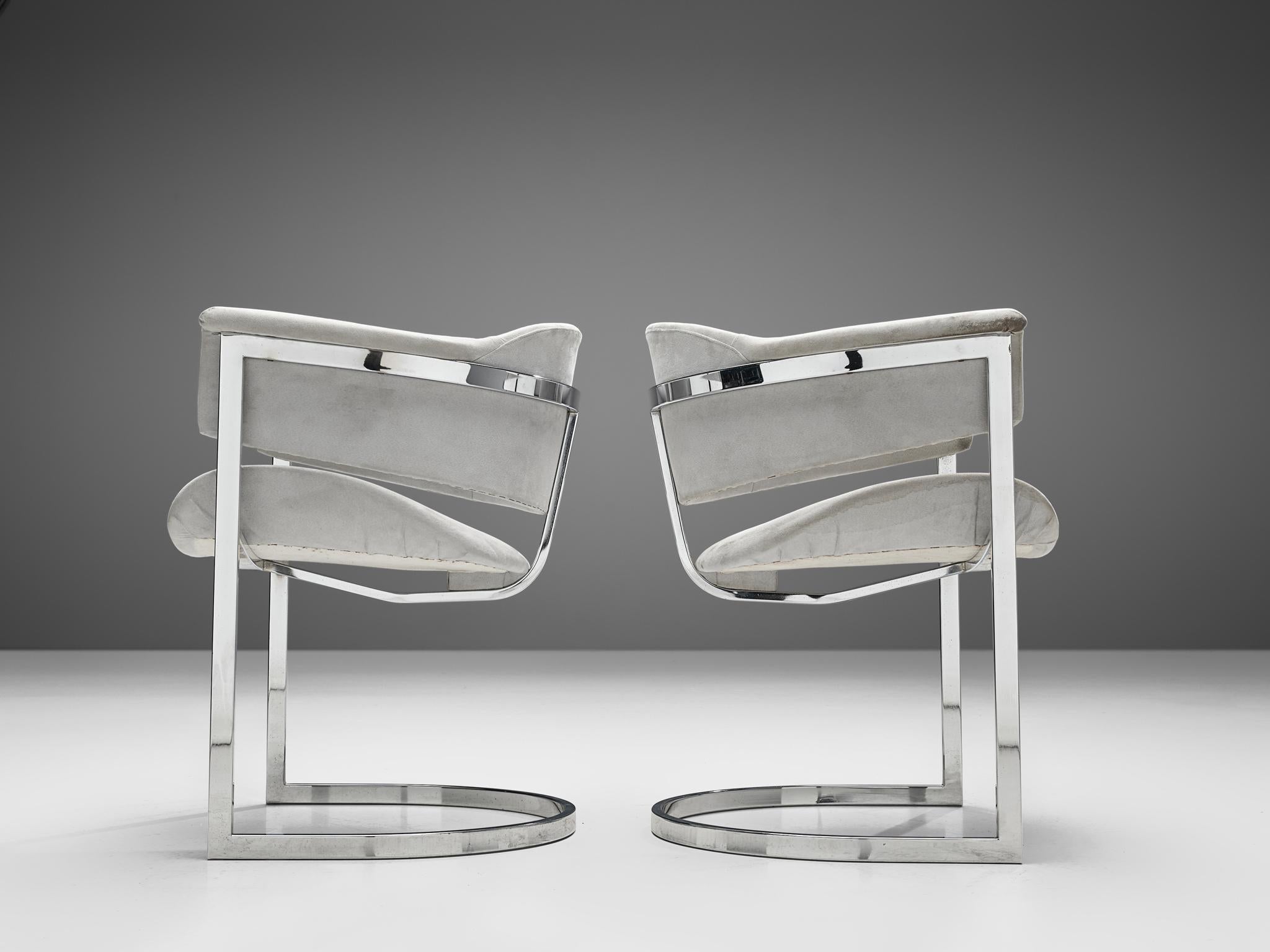 Vittorio Introini Set of Four Dining Chairs in Chromed Steel & Grey Fabric 2