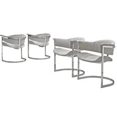 Vittorio Introini Set of Four Dining Chairs in Chromed Steel & Grey Fabric