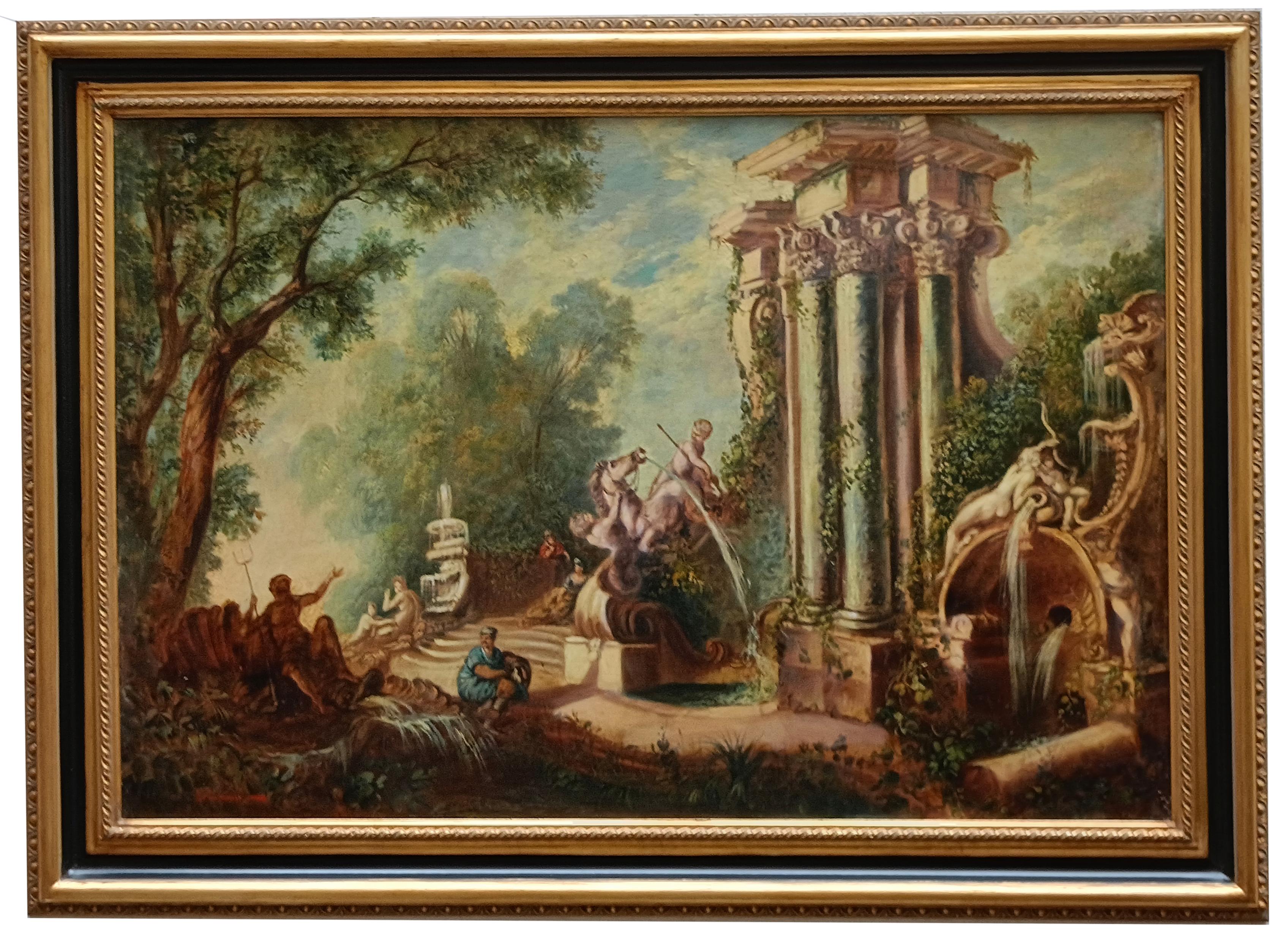 CAPRICCI LANDESCAPE -Roman School -  Italian Oil on Canvas Painting