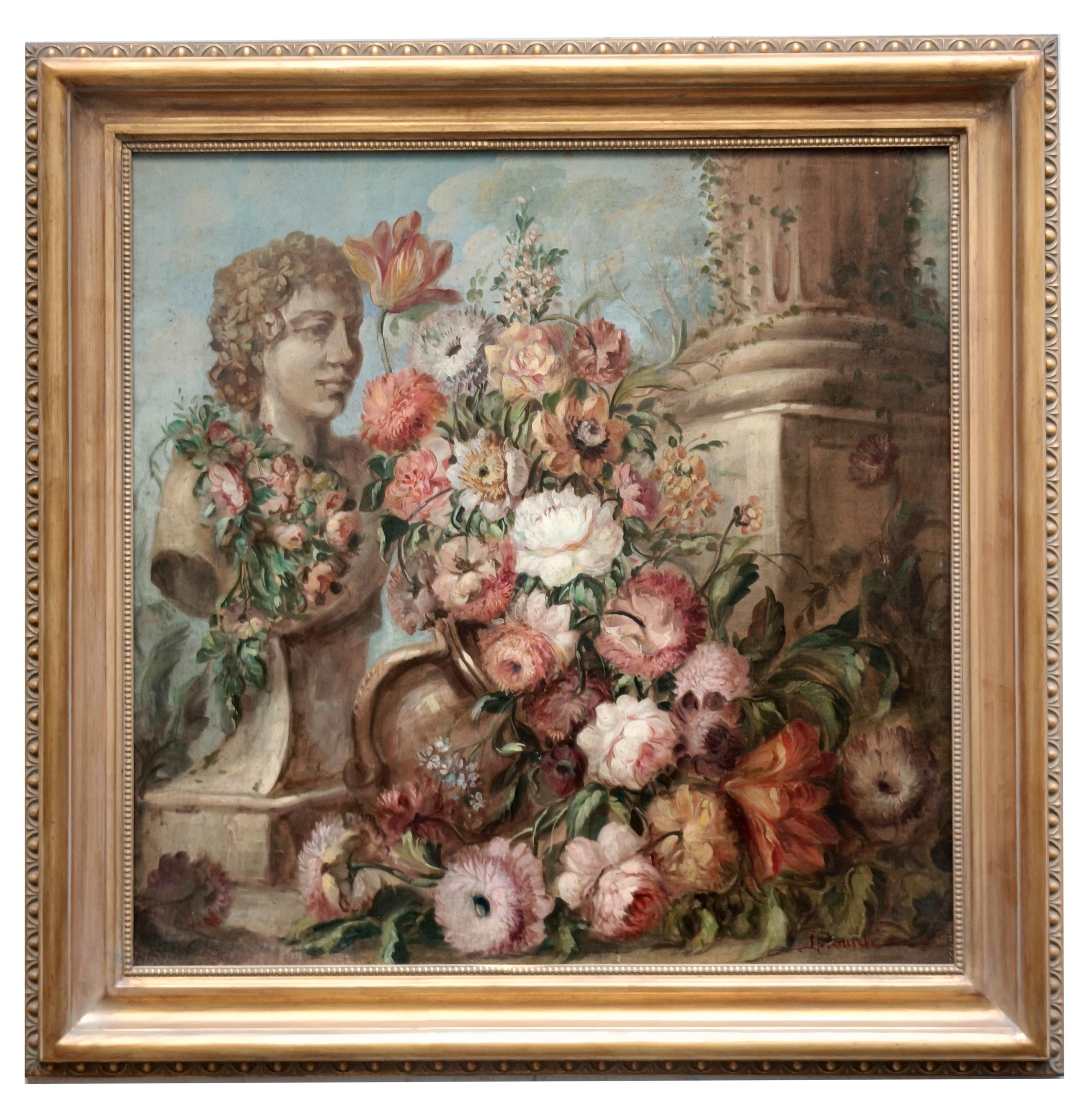 Still-Life Painting de Vittorio Landi - FLORES Y RUINAS - Escuela Italiana - Bodegón Óleo sobre Lienzo