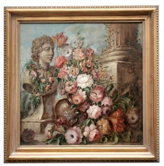 FLOWERS UND RUINS – Italienische Schule – Stillleben Öl auf Leinwand Gemälde