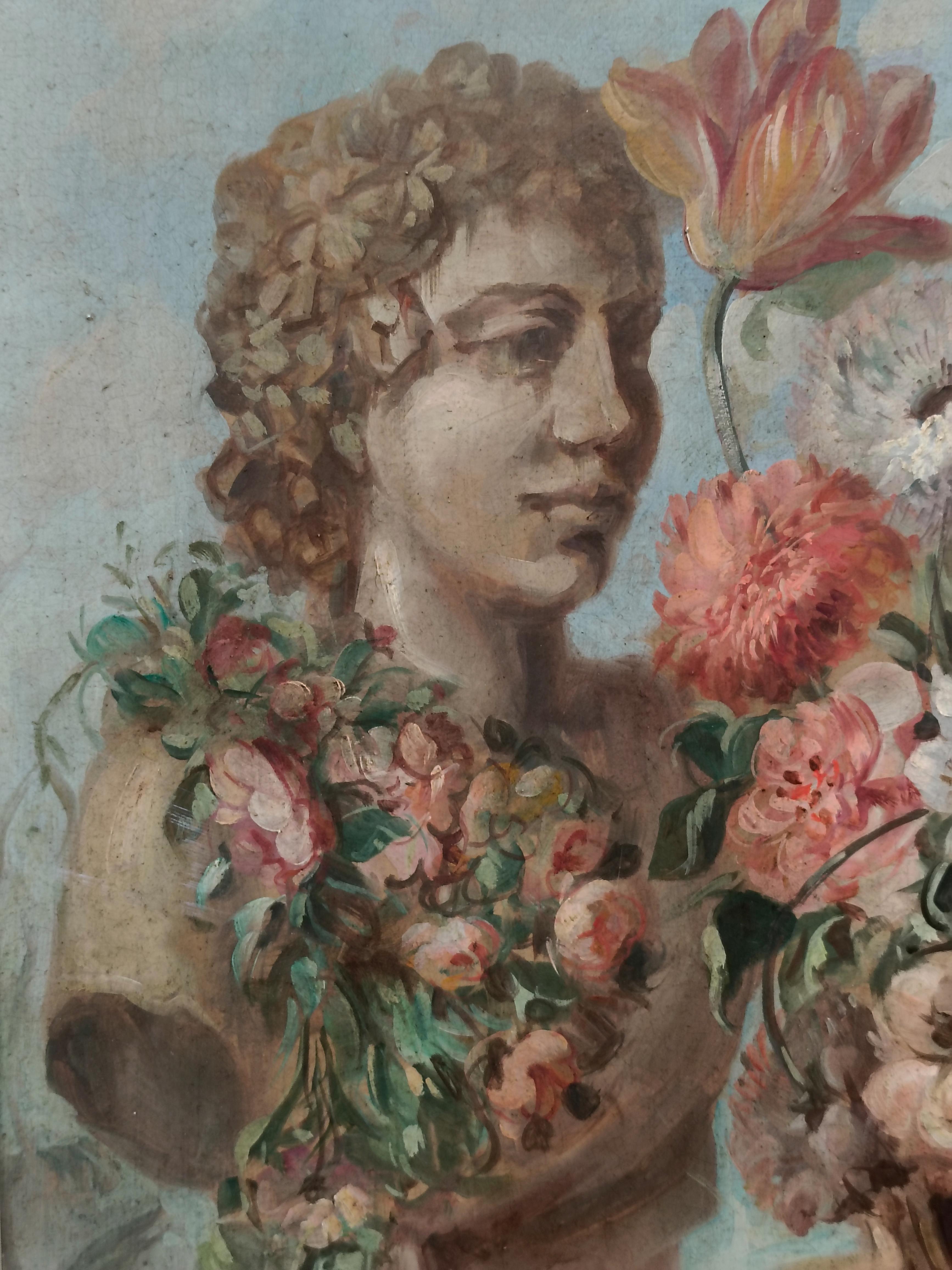 FLORES Y RUINAS - Escuela Italiana - Bodegón Óleo sobre Lienzo en venta 3