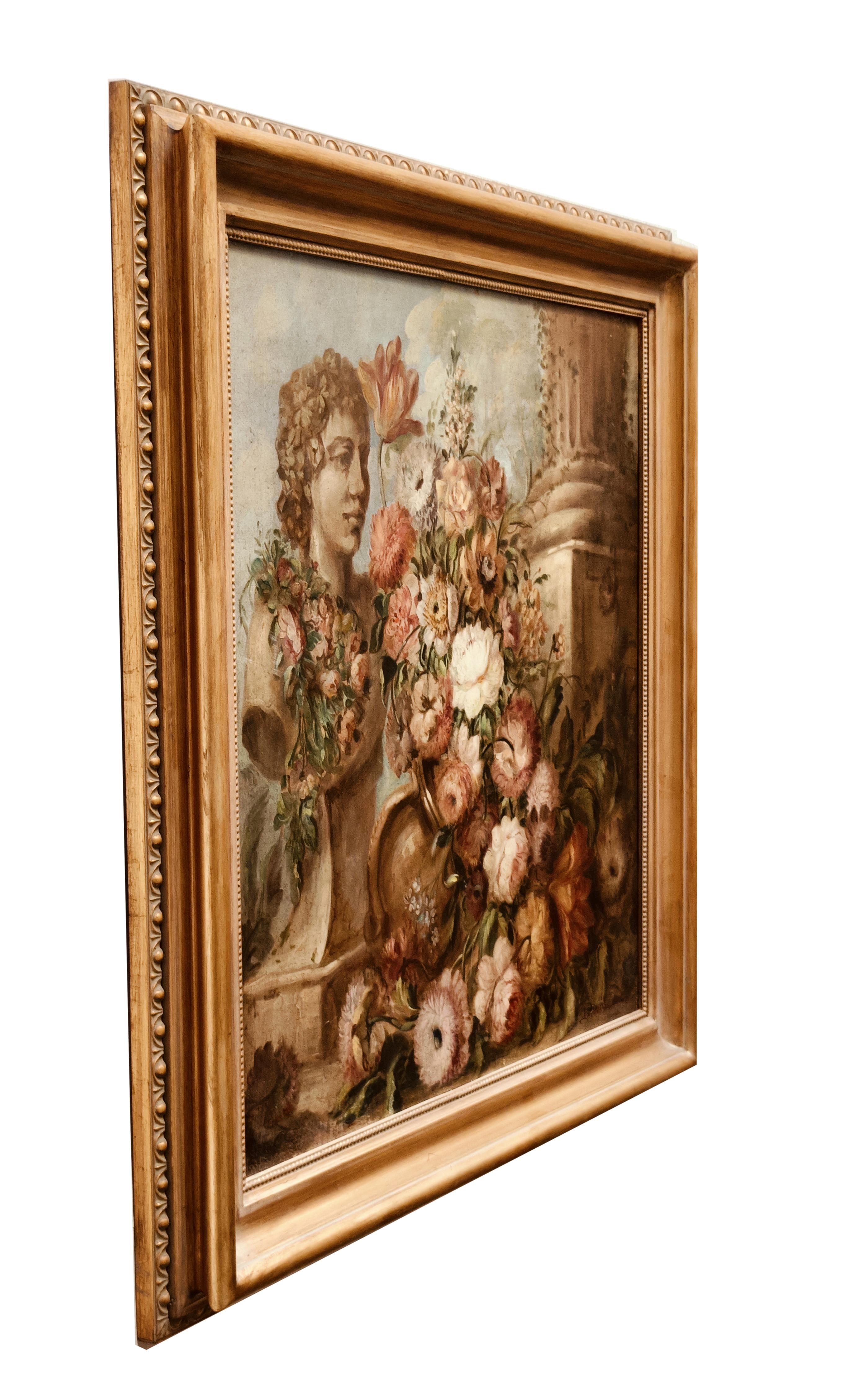 FLORES Y RUINAS - Escuela Italiana - Bodegón Óleo sobre Lienzo en venta 9