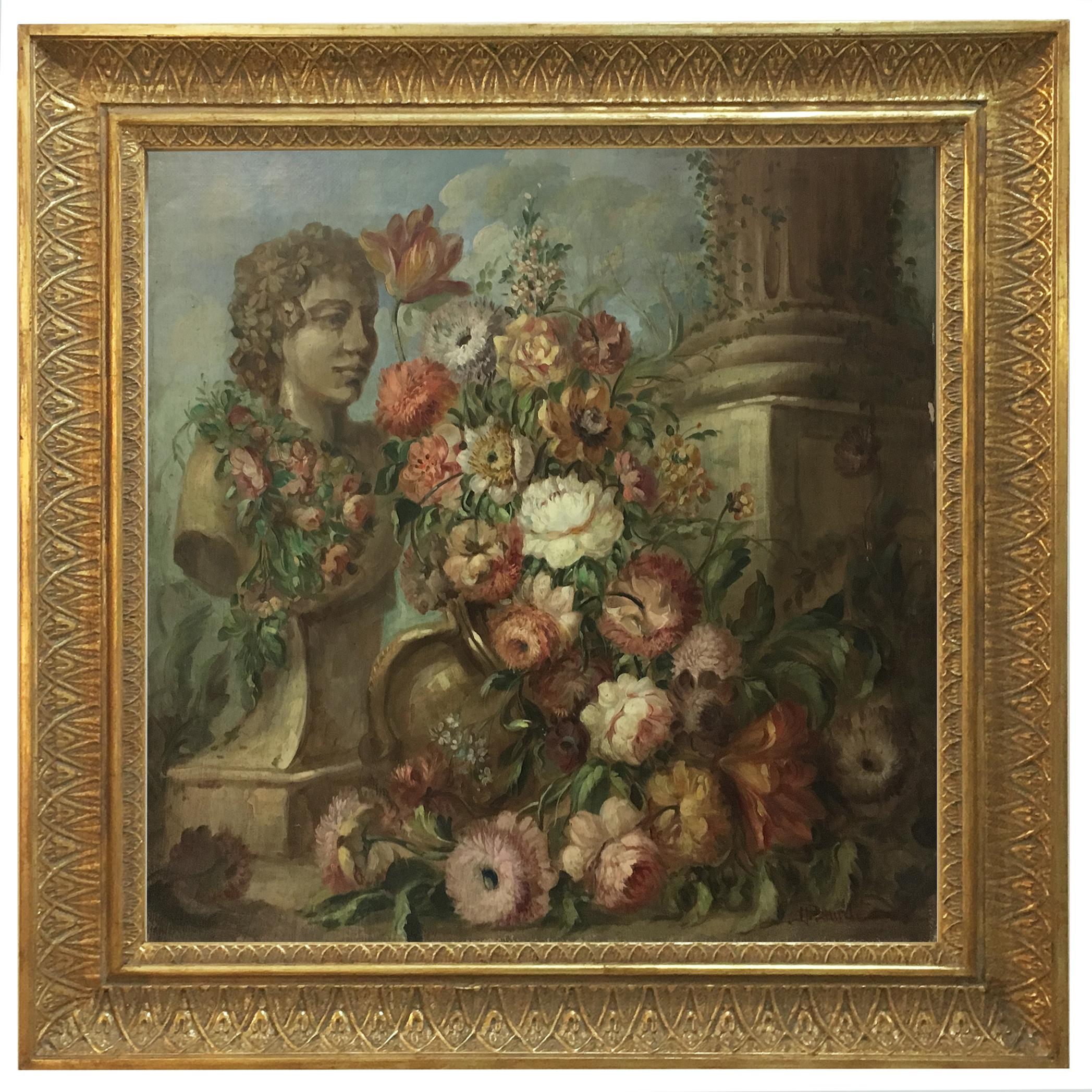 FLOWERS AND RUINS - Italian School - Still Life Oil on Canvas Painting
